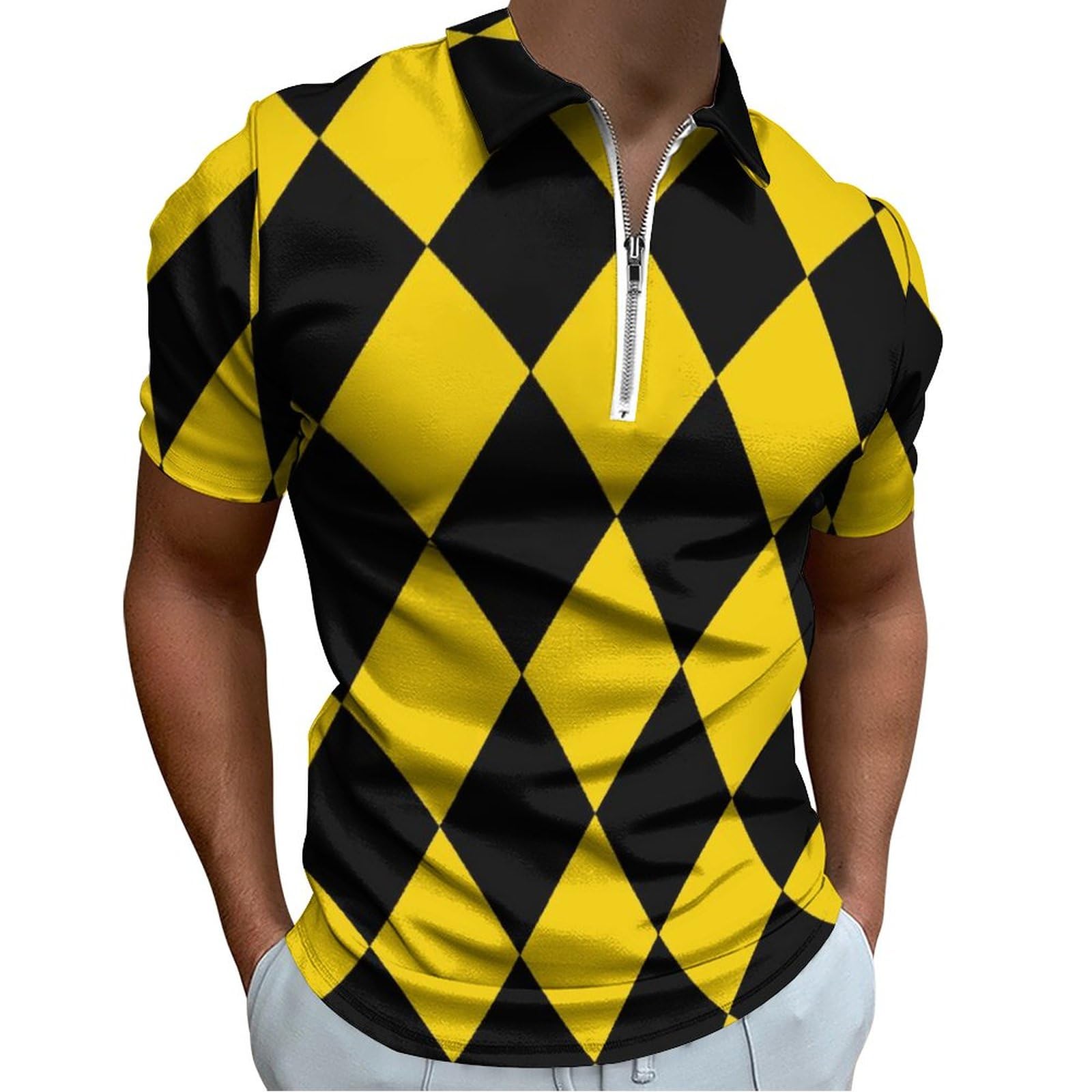Yellow and Black Diamond Pattern Men Zippered Polo Shirt Slim Fit Short Sleeve Golf T Shirt Casual Beach Tops