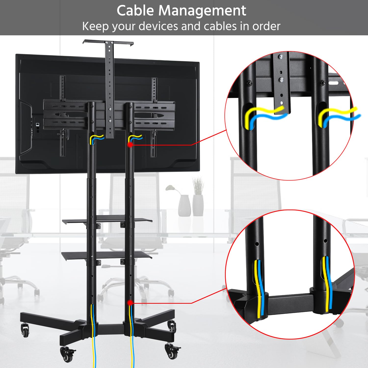 Yaheetech Supporto/Carrello TV Pavimento per Schermi LCD/LED/PLASMA 30-60 Pollici con Ruote Portata 50 kg Max VESA 600 x 400 mm 3 Ripiani Altezza Regolabile Gestione di Cavi Portata 50 kg