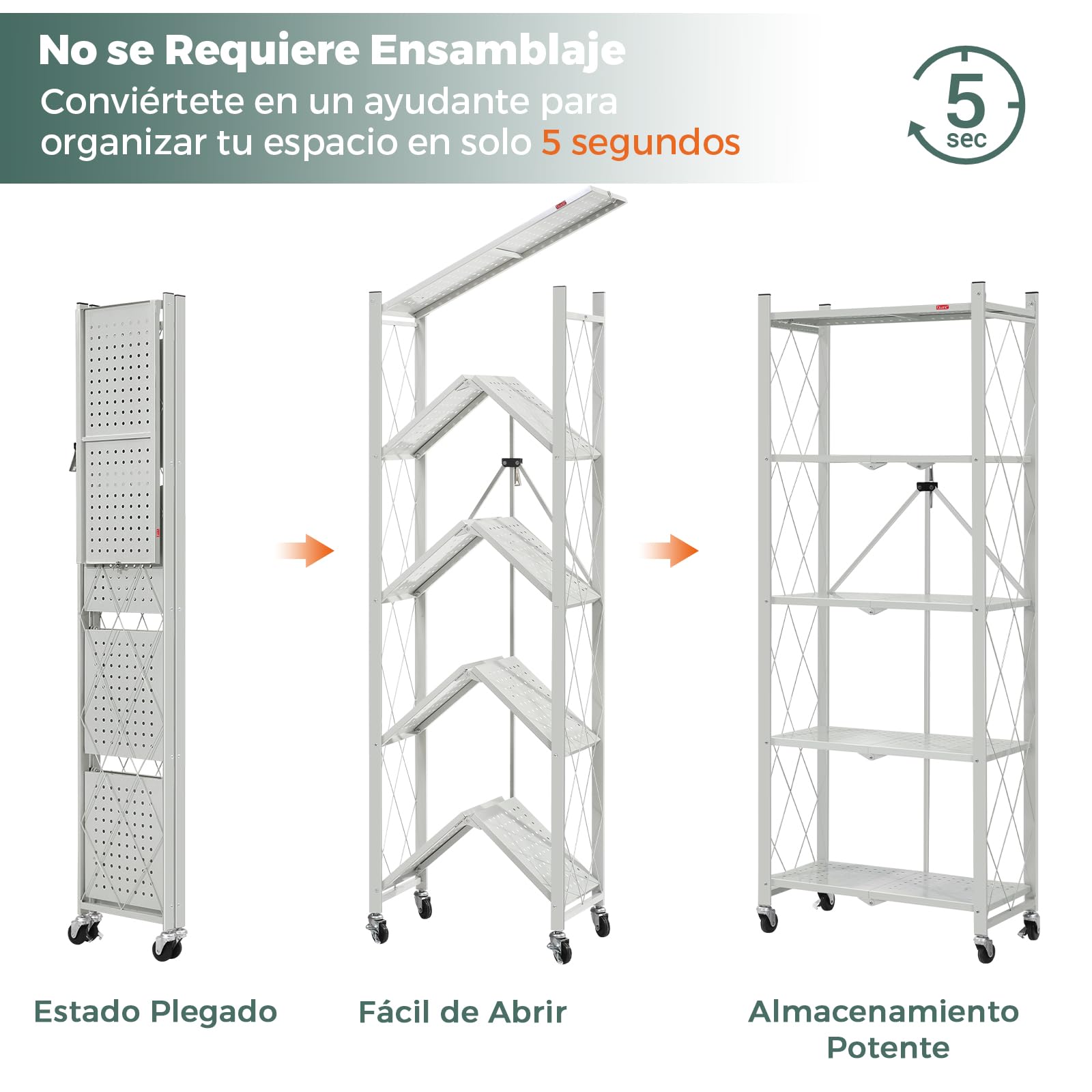 DEANIC Estantes de Almacenamiento Plegables, 5 Niveles de Metal para Almacenamiento, 61 x 147 x 28 cm, estantes esquineros de Cocina con Ruedas, estantes de despensa, estantería para Sala de Estar,