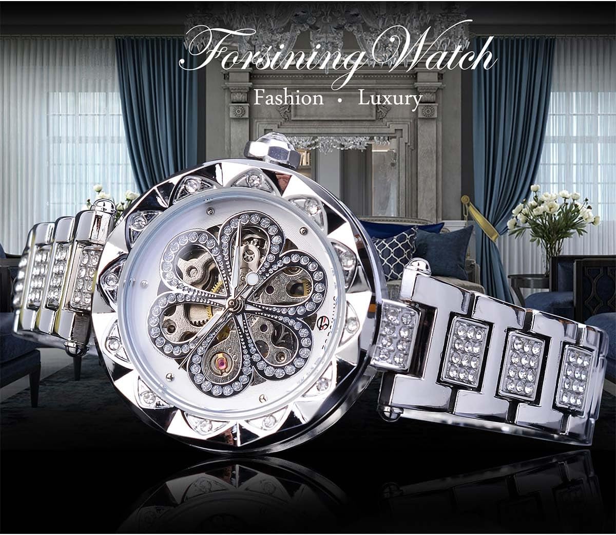 FORSINING Women Automatic Mechanical Watches Skeleton Steampunk Watch with Diamond and Carving Flower Craft Cold Watch for Women Minimalist Retro Design Mechanical Skeleton Wrist Watch Transparent
