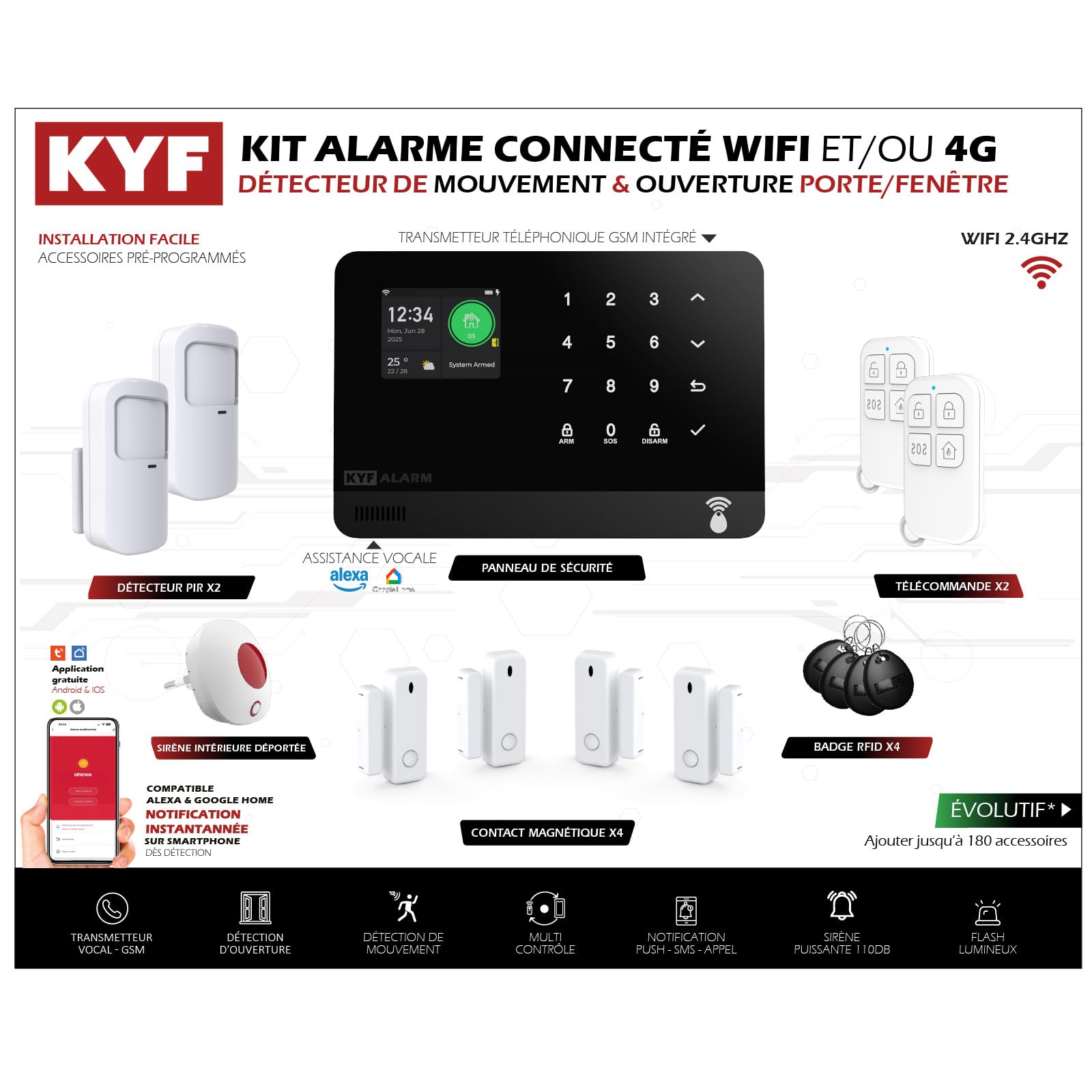 Système d’Alarme connecté WiFi et/ou 4G – Détection d’Ouverture & de Mouvement – Transmetteur GSM Vocal – Sécurité Intelligente évolutive, Compatible Alexa & Google