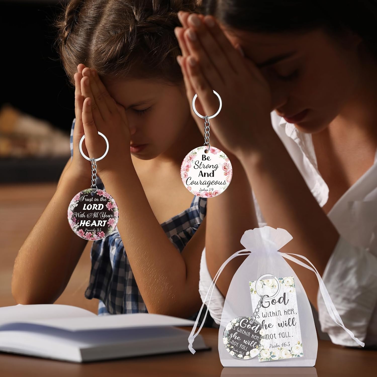 YLOLUL 150 Pcs Christian Gifts Bulk Include 50 Acrylic Christian Keychain 50 Religious Scripture Card 50 Organza Bags