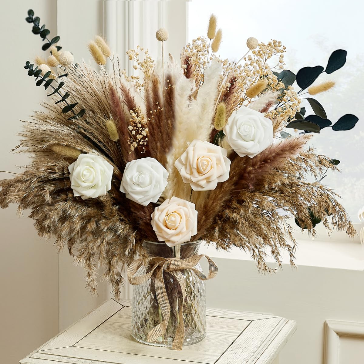 Wracra 100pcs Artificial Flowers in Vase; Dried Pampas Grass Floral