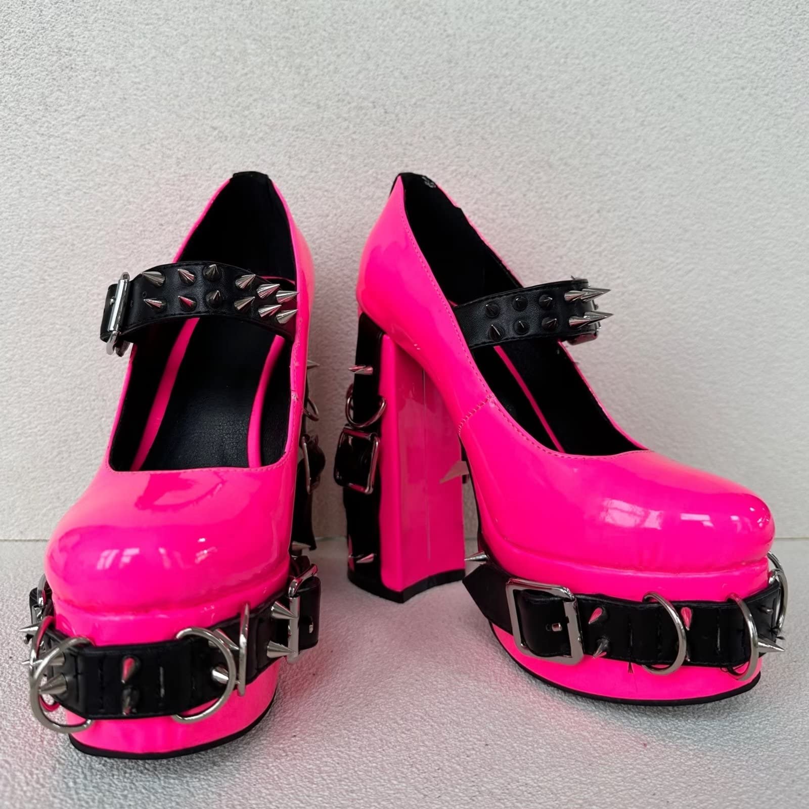 Frankie Hsu Women's Gothic Large Size Black Patent Leather Buckle Belt Ring Rivet Shinny Sexy Platform Chunky High Heels Ankle Strap Heeled Bootie Shoes: 13 Neon Pink