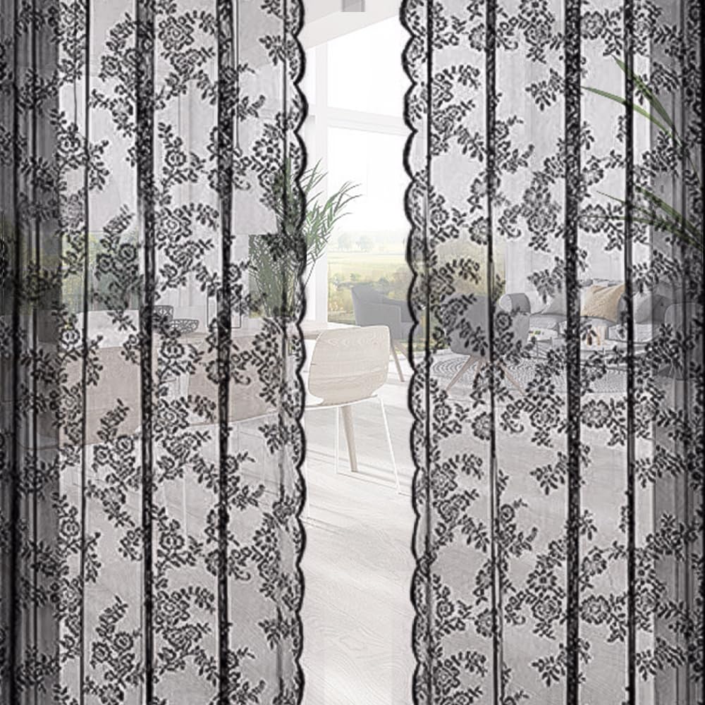 EUIEUT 2PCS Cortinas de Encaje Vintage, Cortinas Dormitorio con Patrón Floral, Visillos Dormitorio con Ojales, Cortinas de Encaje Romántico para Salón Dormitorio Cocina (145 * 230cm,Negro)