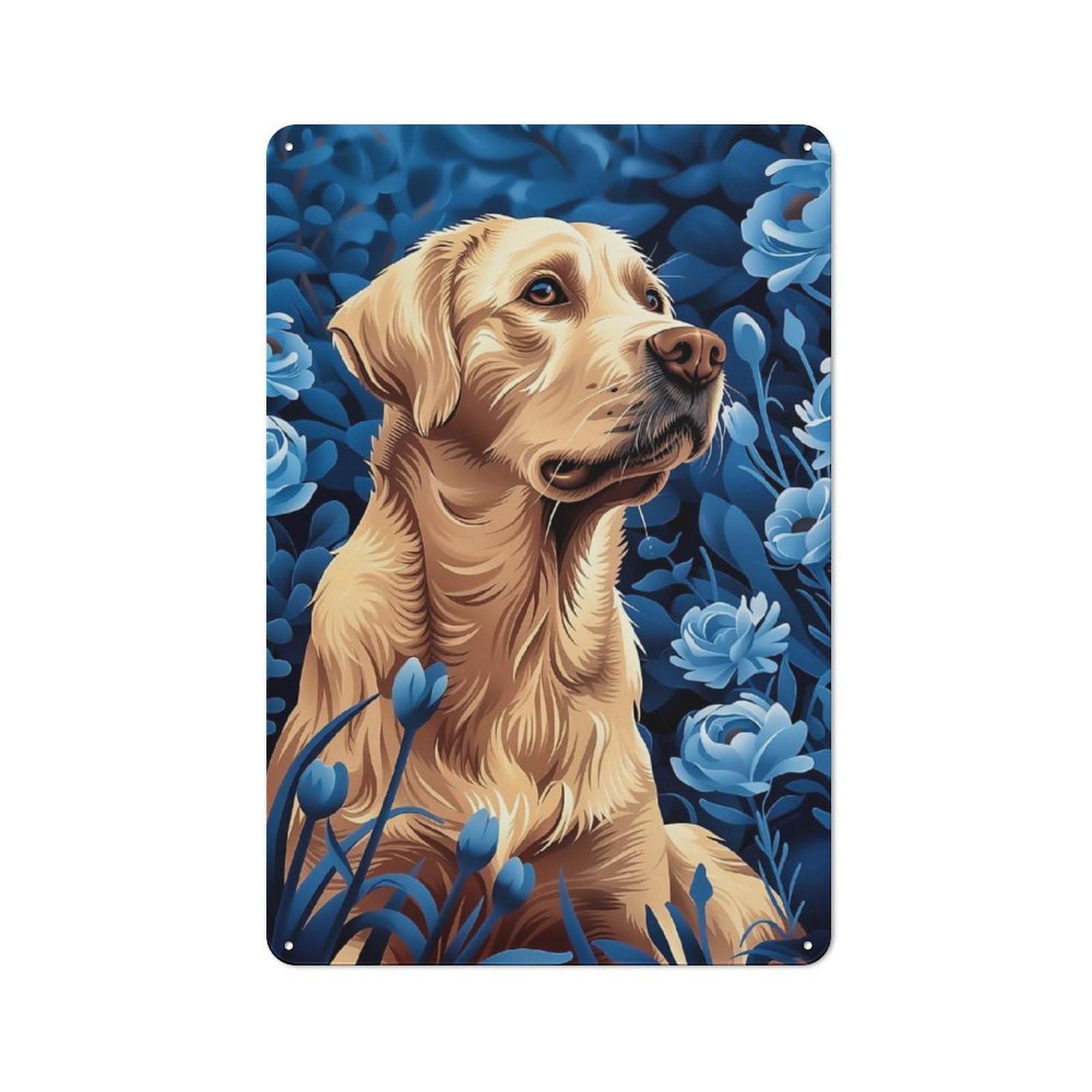 Junmoney Labrador Retriever In Blue Flowers Tin Wall Plaque 30X20cm With For Living Room Or Hallway, A Decorative Christmas Gift For Hallway Decor Fans
