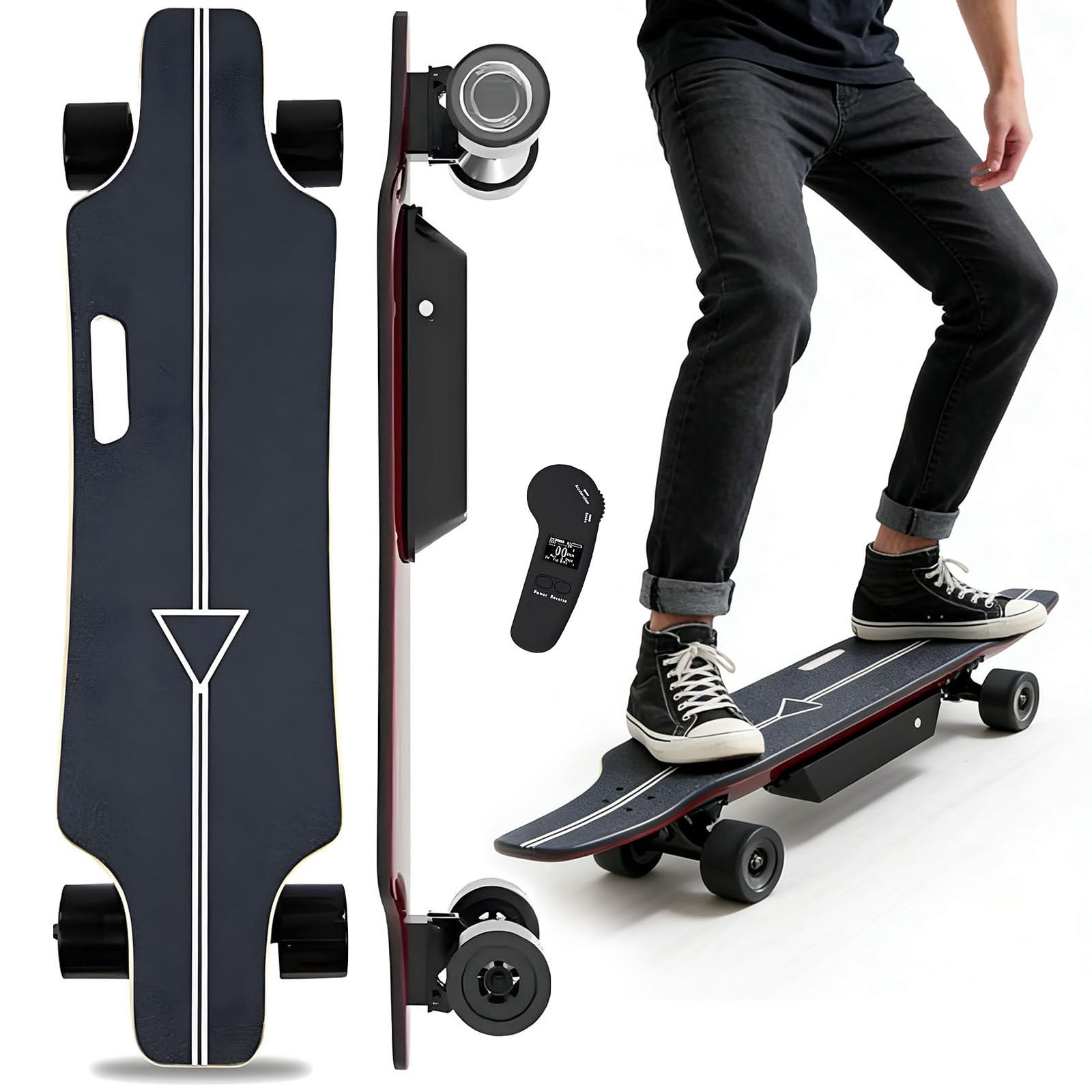 Skateboard électrique avec télécommande, moteur de 350 W, vitesse 25 km/h, portée de 15 km, 4 modes de vitesse, poids léger, 5 kg, idéal pour les trajets et le campus, poignée de transport facile