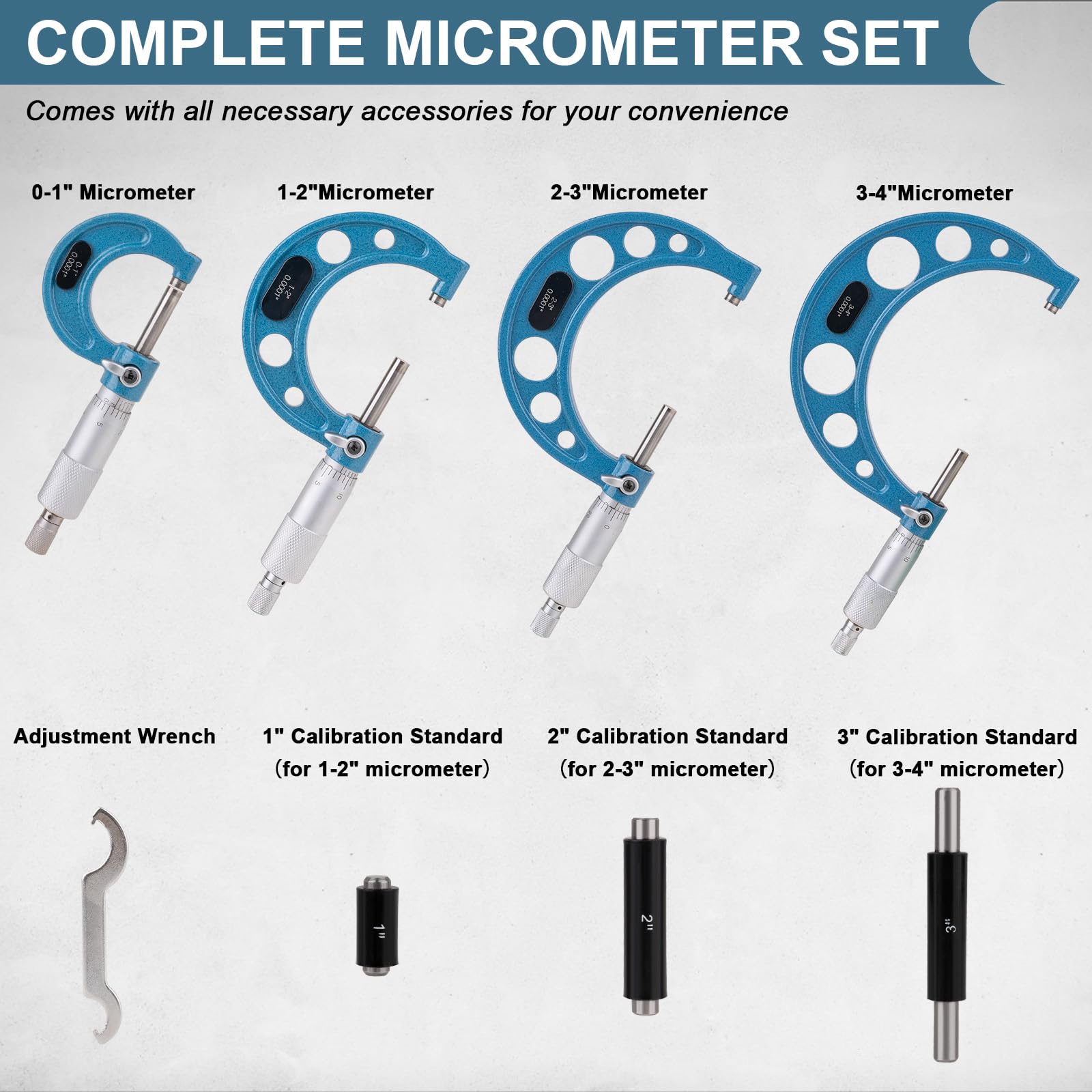 Set di 4 pezzi, strumenti di misurazione per meccanici da 0-1"/1-2"/2-3"/3-4", micrometri di precisione ultra-accurati con graduazione di 0,0001", set di utensili professionali per meccanici.