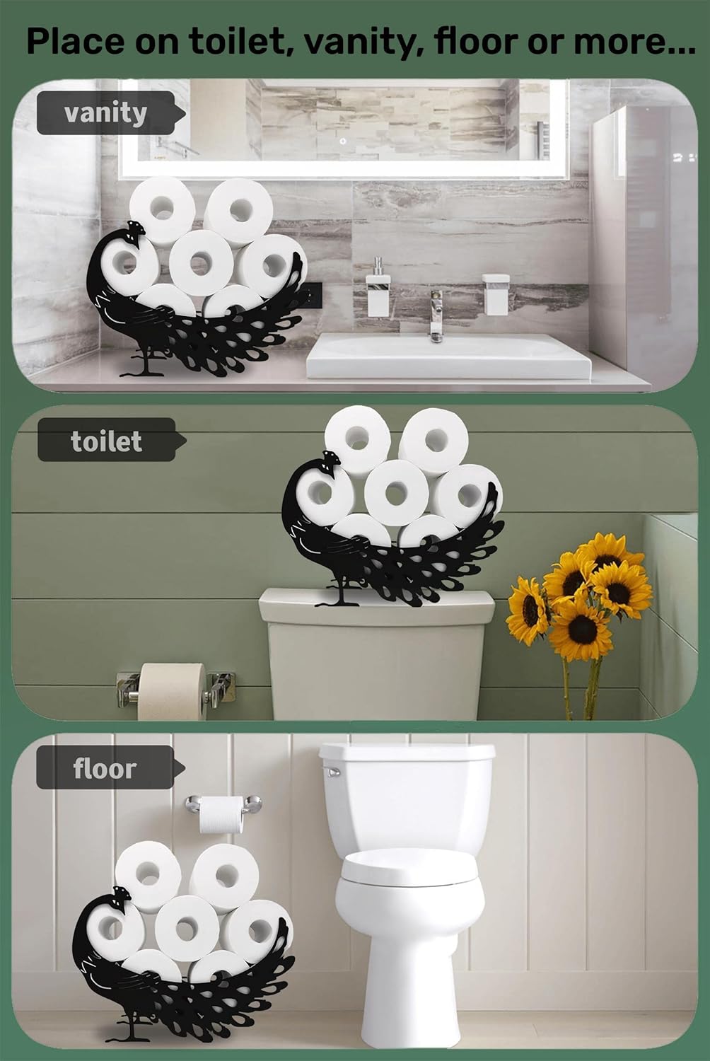 Peacock Animal Paper Holders,Black Metal Toilet Tissue Holder,Decorative Metal Paper Holder,Funny Toilet Paper Storage for Bathrooms,FreeStanding Metal Toilet Paper Organizer Hold Extra 8 Rolls