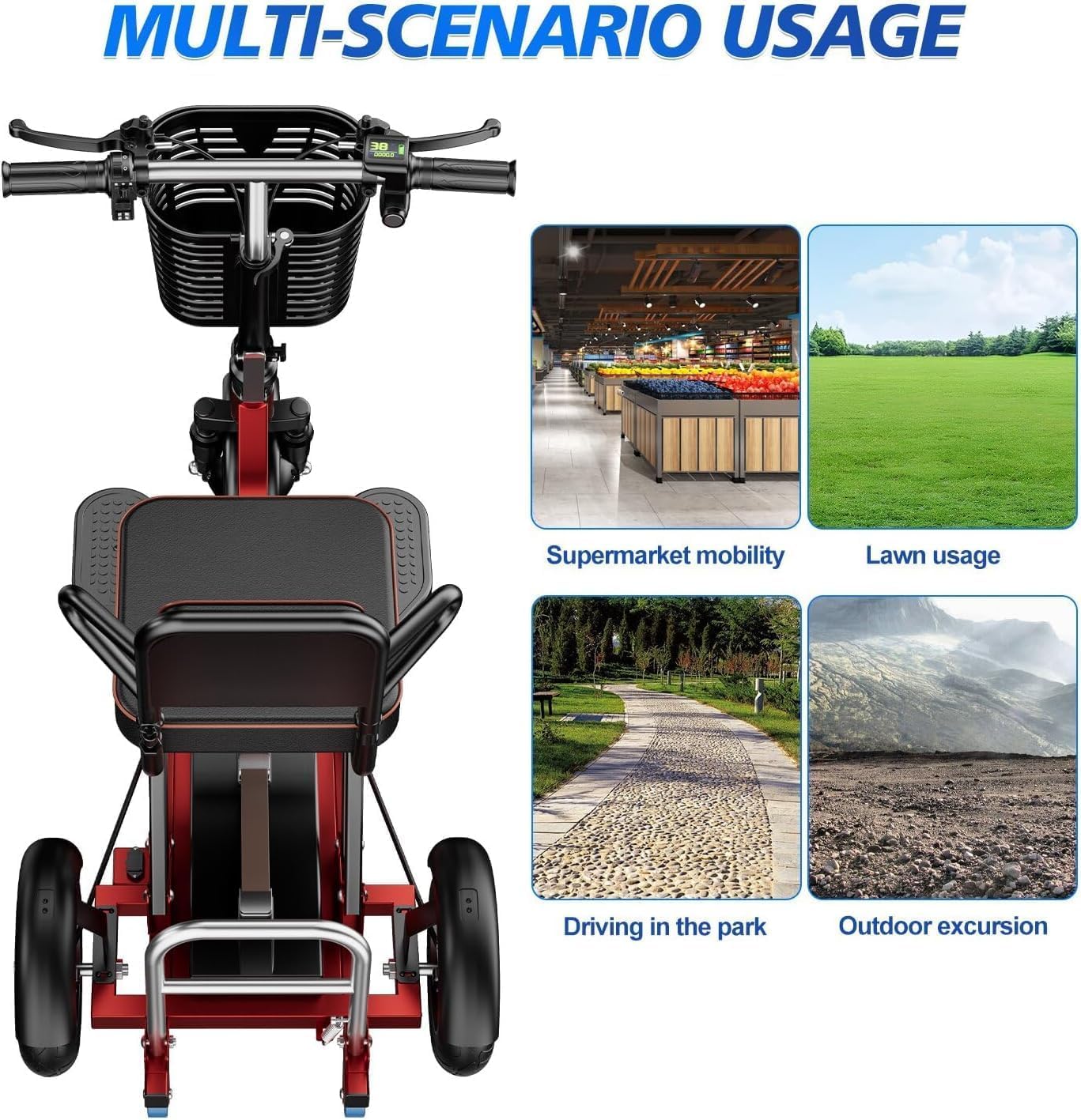Scooter De Movilidad Eléctrico para Personas Mayores Plegable De 3 Ruedas con Asiento para Pasajero Incluye Cargador, Cesta Scooter De 3 Ruedas para Ascensores y Pasillos