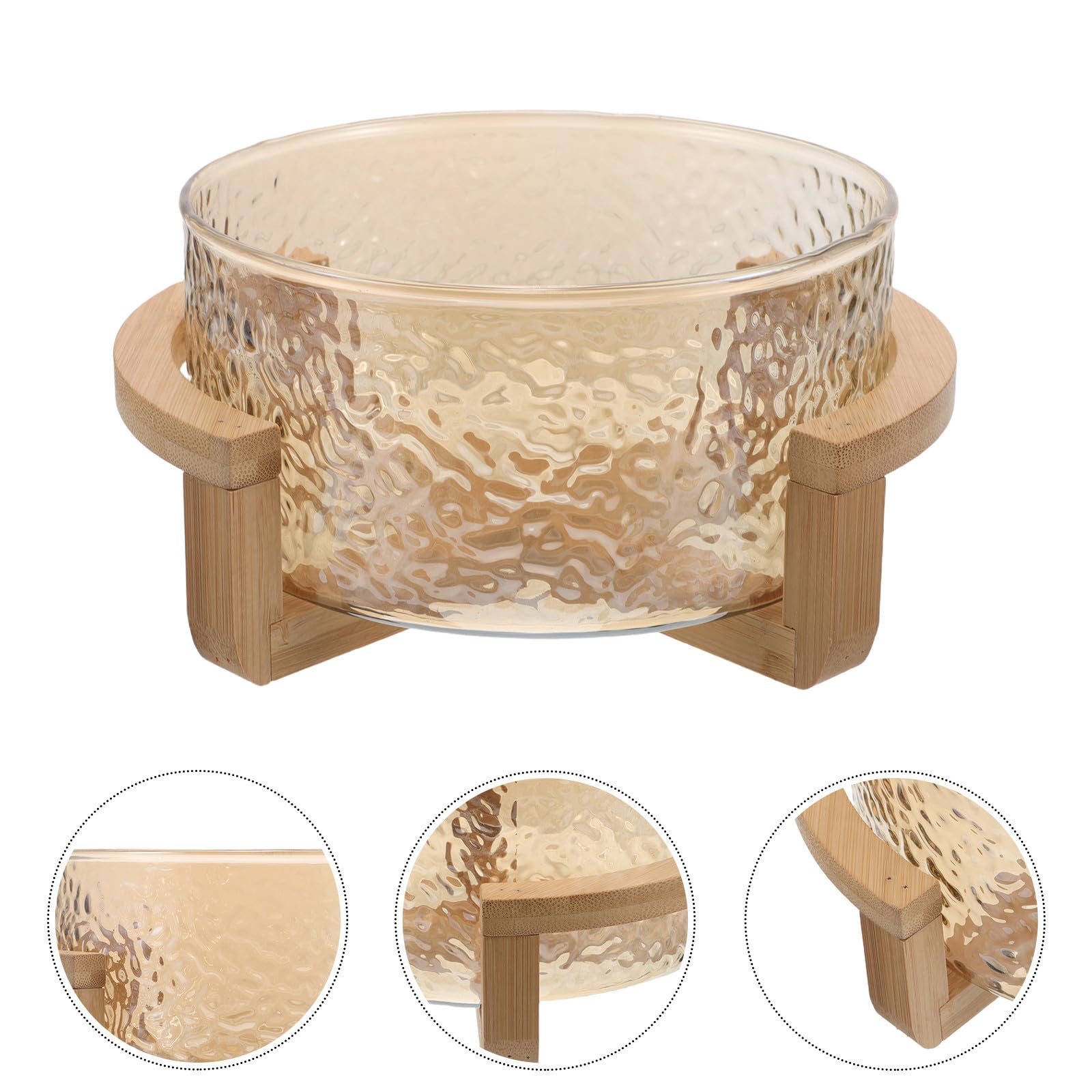 Bol para Ensalada de Vidrio con Efecto Ondas de Agua y Base de Bambú Dorado, Elegante y Resistente, Adecuado para Picnics y Mesa de Comedor