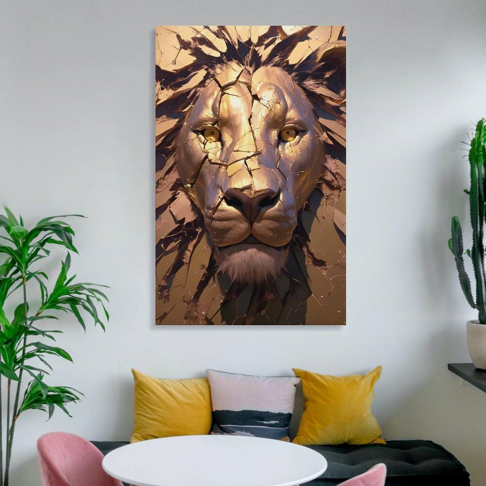 Junmoney Leinwand Wandbild Golden Lion Head with Cracks, 16x24inch(40x60cm), Für Wohnzimmer, Flur Oder Schlafzimmer, Wohnakzent Mit Ruhiger Ausstrahlung
