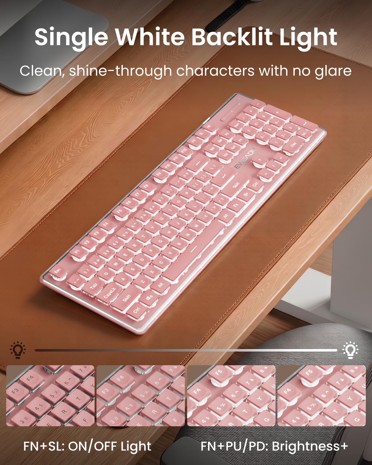 SEUNKWANG EWEADN X7S - Tastiera wireless con retroilluminazione bianca, pannello in metallo, 2,4 G, ricaricabile, silenziosa, per Win e Mac, colore rosa