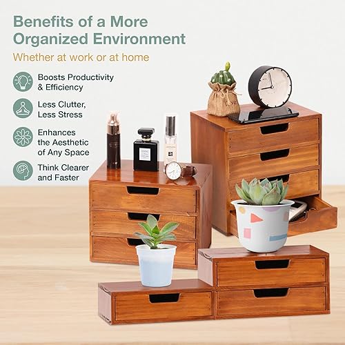 Miniatura 5 de Juego de gabinetes de cajones de 4 piezas, unidades apilables modernas de madera de caoba, organizadores de almacenamiento de escritorio con cajones