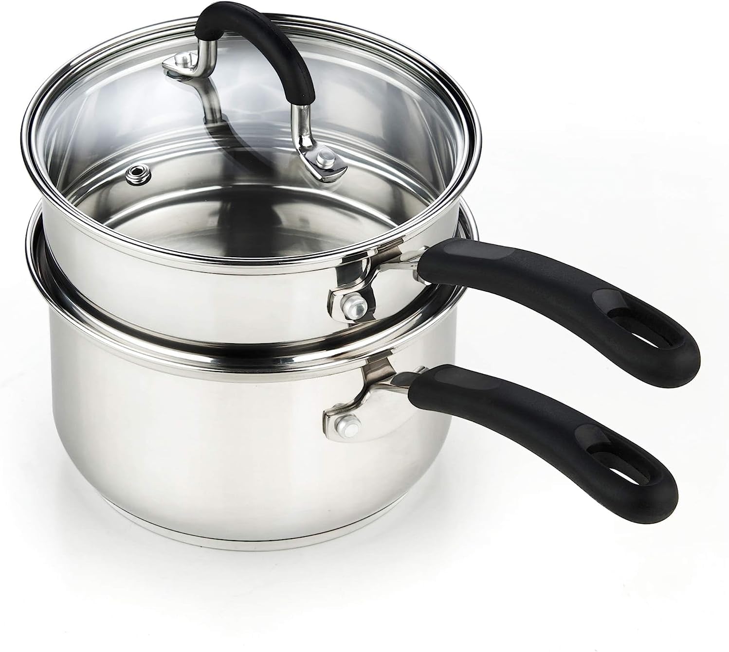 02655 Professional Double Boiler Saucepan 2-Quart, 18-10 Stainless Steel Steam Melting Pot for Butter Chocolate Cheese, Tempered Glass Lid, Silver