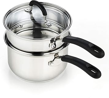 Cook N Home Professional Double Boiler Saucepan 2-Quart, 18/10 Stainless Steel Steam Melting Pot for Butter Chocolate Cheese, Tempered Glass Lid