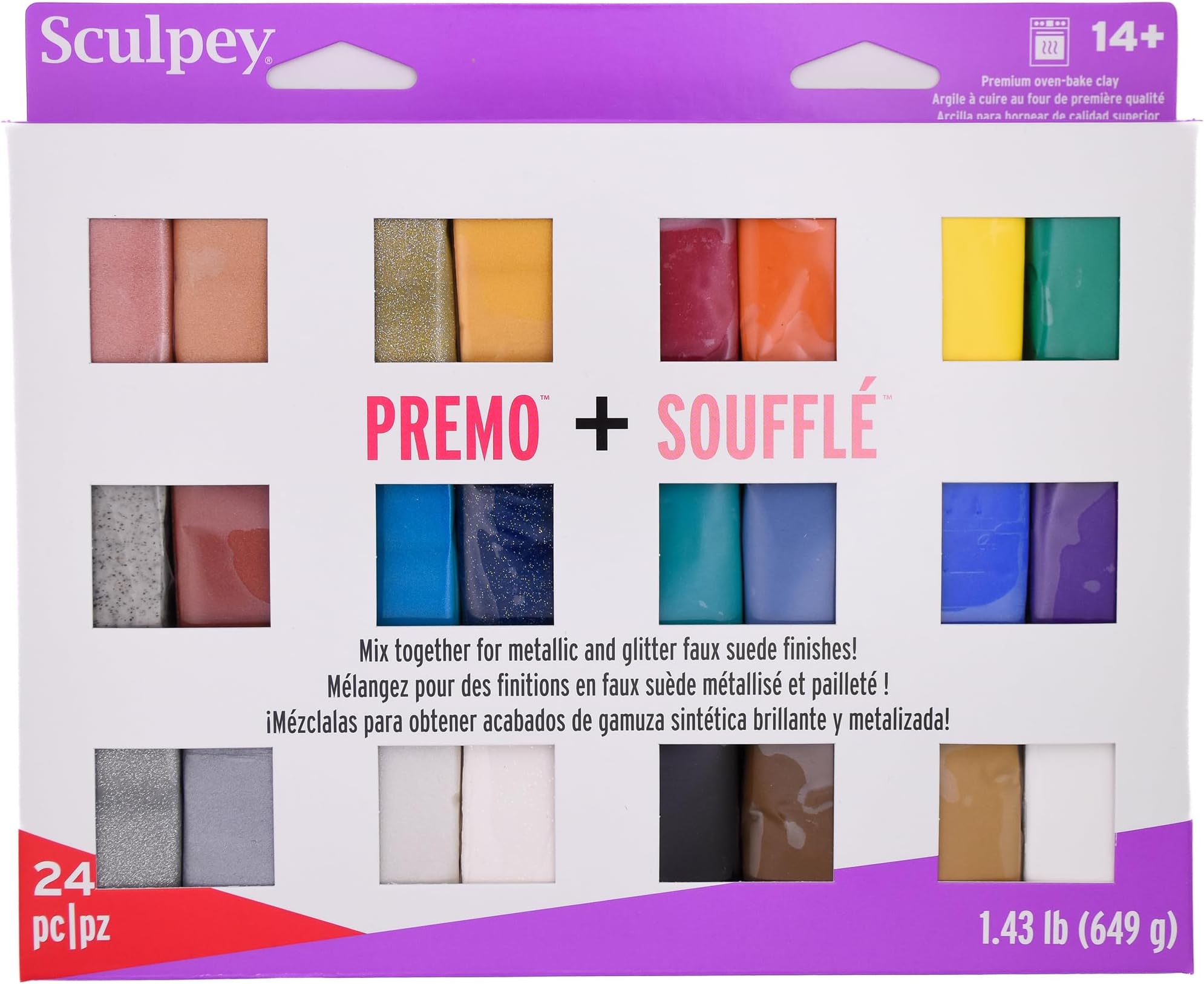 Multipack - Premo + Souffle - 24 Unique Color-Glitter Bars, Sampler Pack, Non-Toxic, Sculpt-Model Projects, Adult Arts-Crafts Supplies