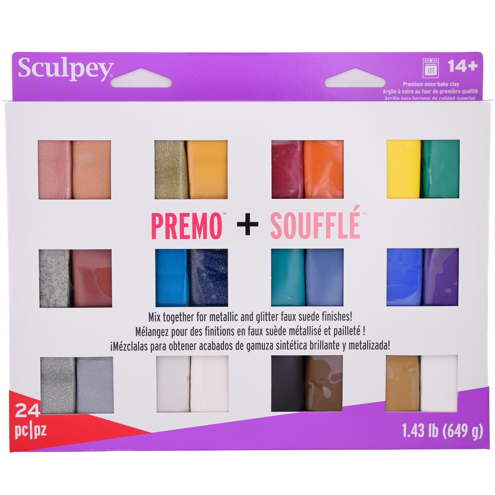 Sculpey: Multipack - Premo + Souffle - 24 Unique Color-Glitter Bars, Sampler Pack, Non-Toxic, Sculpt-Model Projects, Adult Arts-Crafts Supplies