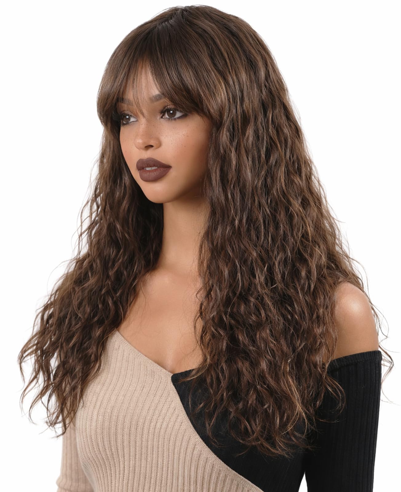 Body Wave Wigs with Bangs Human Hair Wig for White Women Ombre None Lace Wear and Go Glueless Wig 150% Density Brown Highlight Machine Made Brazilian