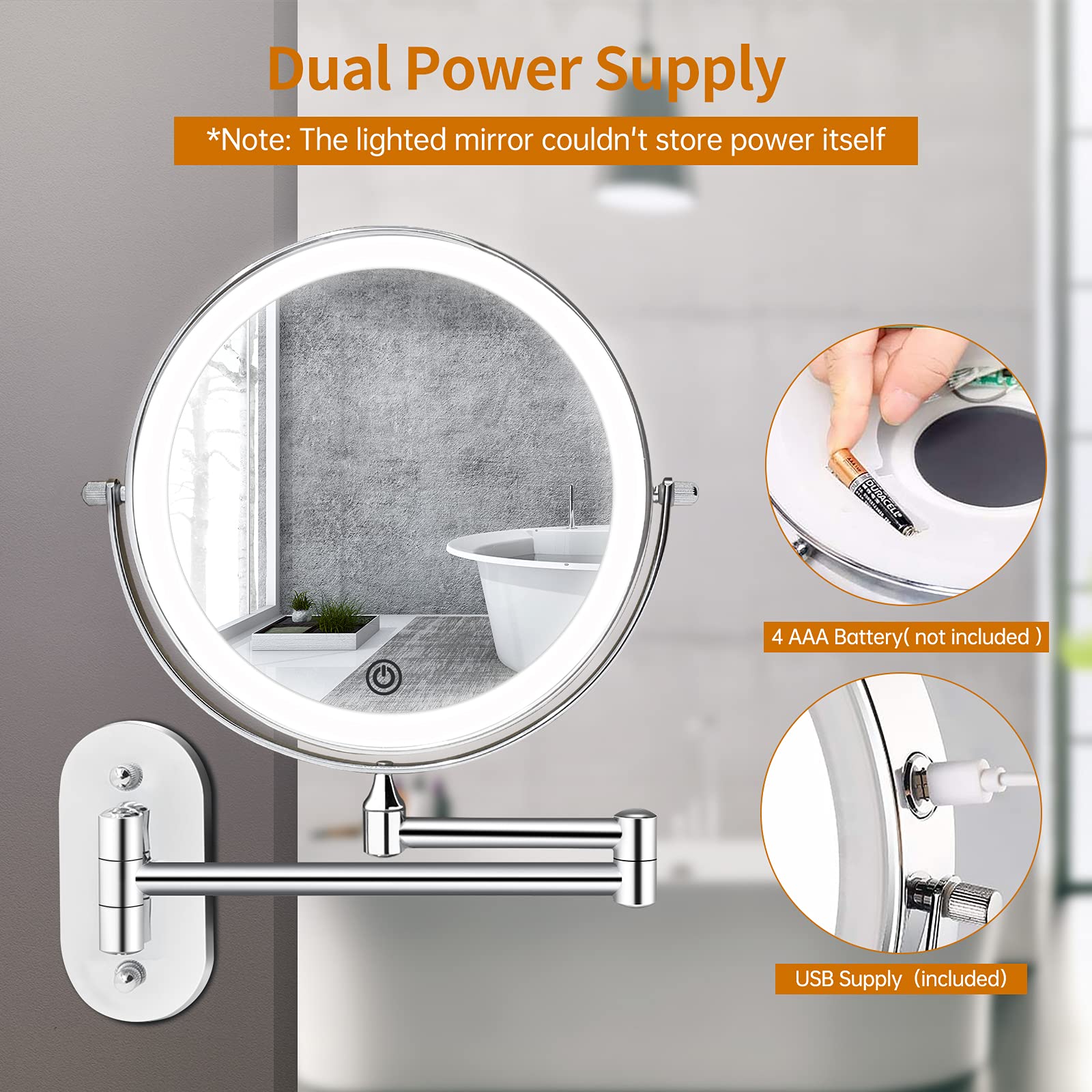 Wall Mounted Lighted Makeup Vanity Mirror 20cm 1X/10X Magnifying Mirror