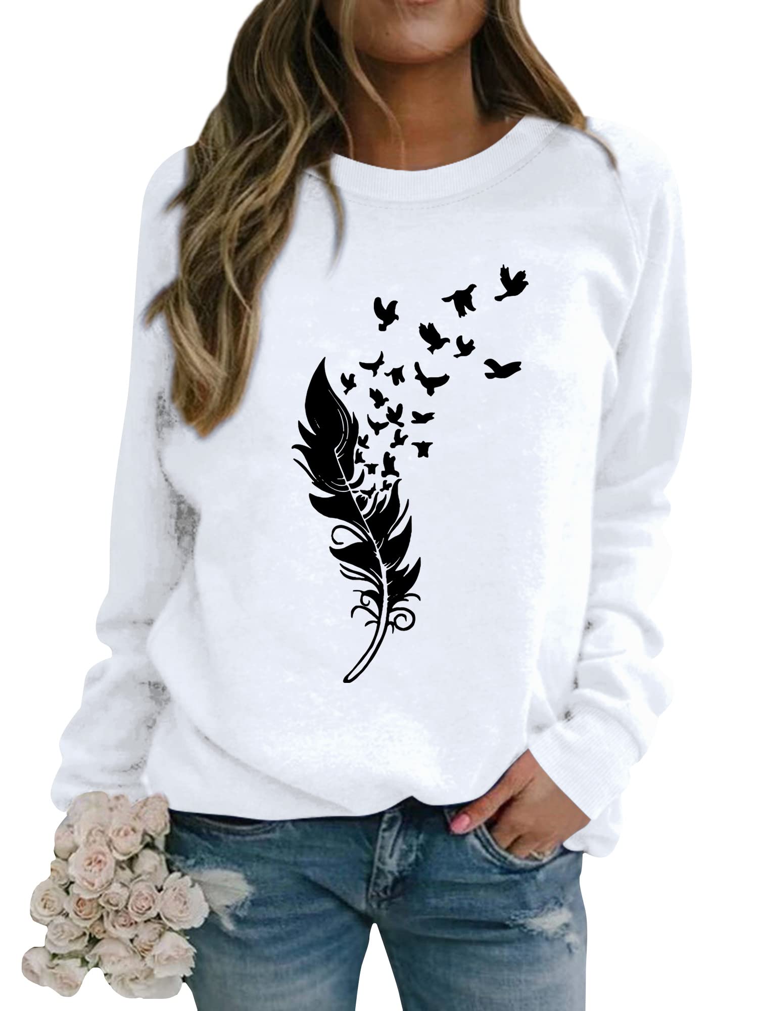 Dresswel Pullover Damen Feder Drucken Sweatshirt Langarmshirt Rundhals Langarm Shirts Herbst Winter Pulli Tops Oberteile Bluse