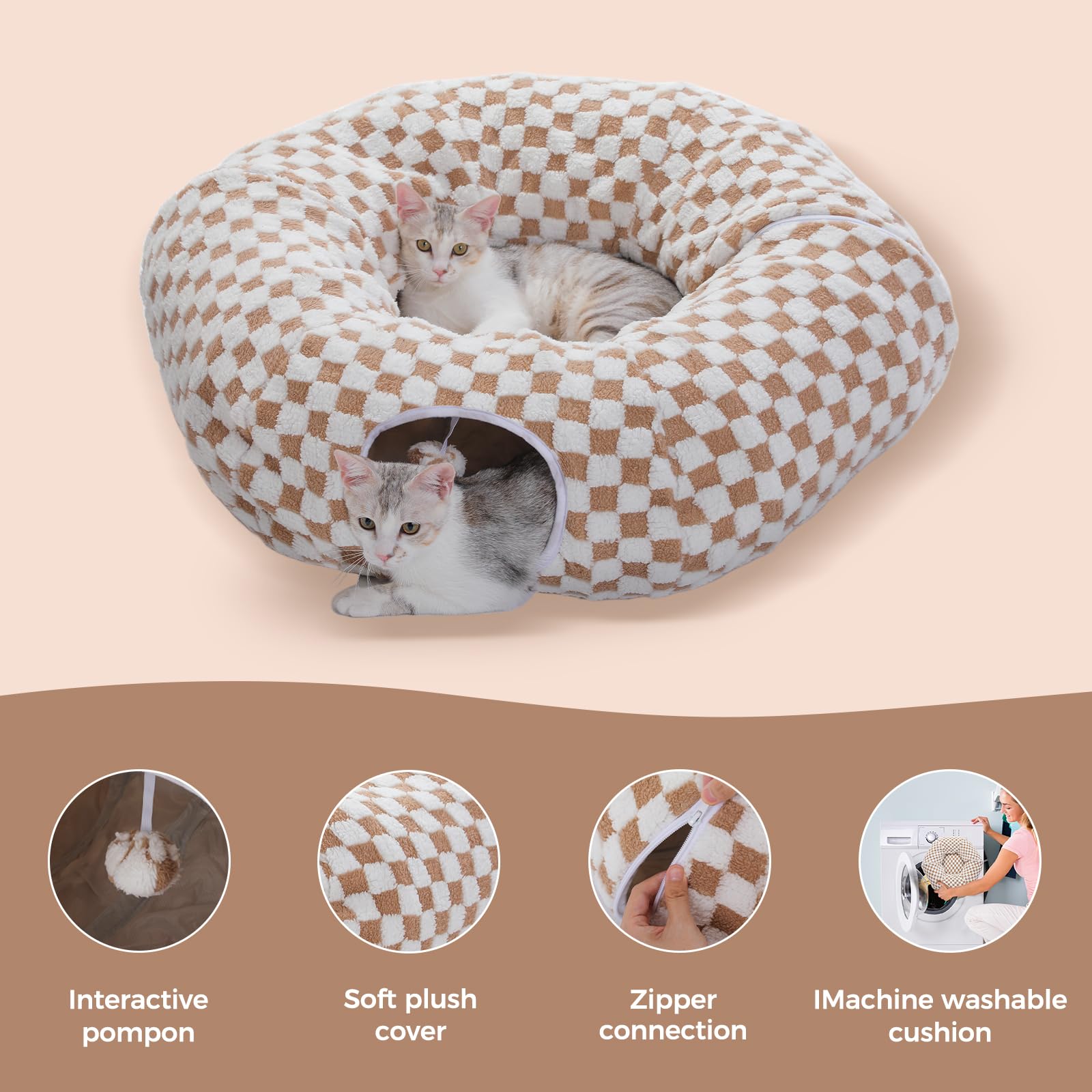 PAWZ Road Plüsch Katzentunnel 2-in-1, Donut & Katzenbett, 85cm Braun