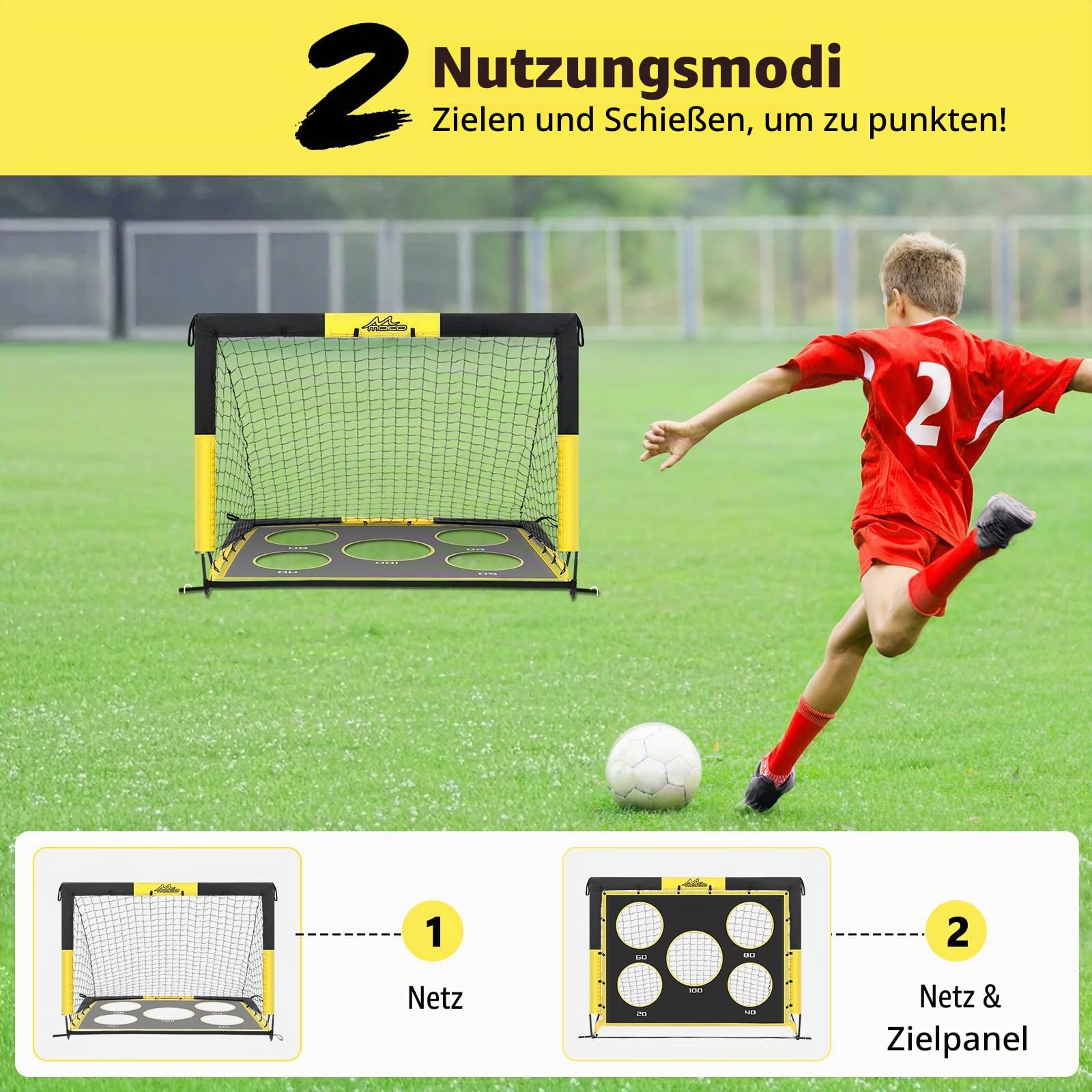 MoKo Fußballtore für den Garten, Großes Pop-up-Tornetz mit Zieltafel, Tragbare Fußballtrainingsausrüstung für Kinder zum Üben, Outdoor-Sportspiel
