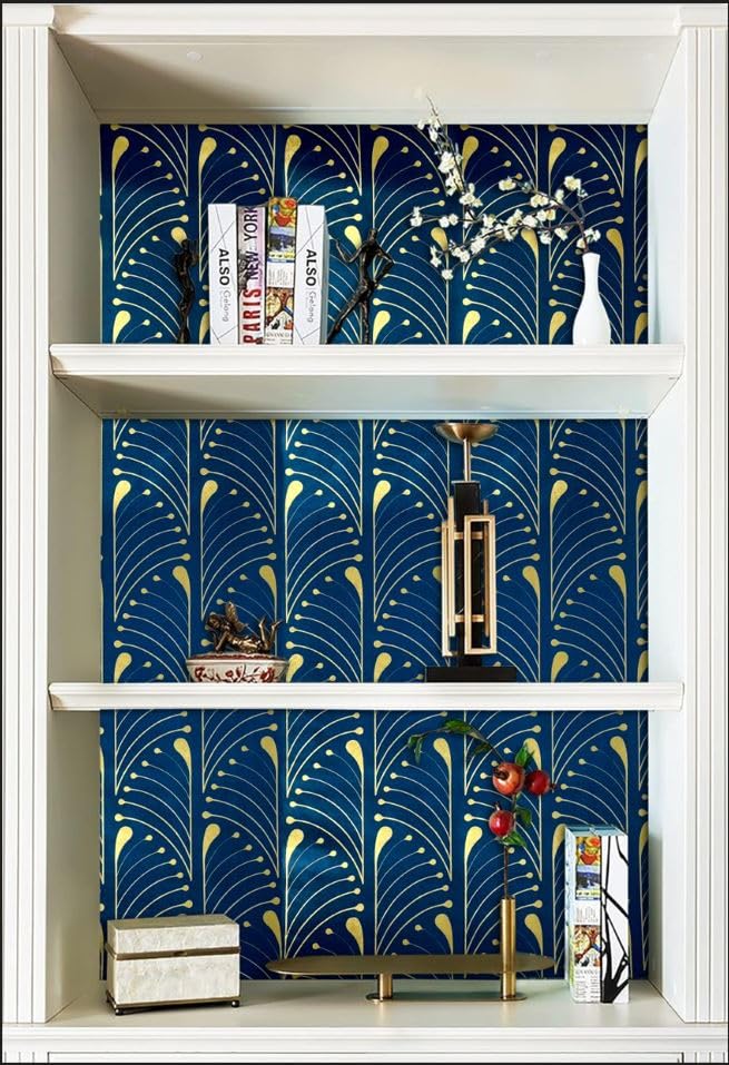 Image of Veki Luxury Floral & Botanical Geometric Wallpaper Mural - Waterproof, Moisture-Proof, Self-Adhesive PVC Wall Sticker for Home & Hotel Decoration (45cm x 300cm) (Blue Curve)