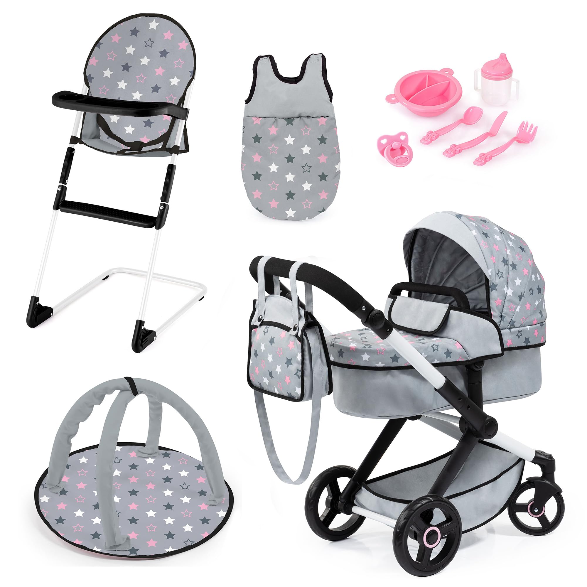 Bayer Design Dolls: Xeo 11 Piece Set - Grey, Pink, Stars - Pram, High Chair, Play Gym, Handbag & Accessories for Dolls Up to 18