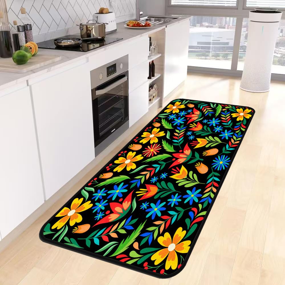 Colorful Mexican Floral Kitchen Rug,Kitchen Runner Rug Non Slip Washable Standing Desk Mat Laundry Room Runner Rug Area Rugs for Floor Bathroom,