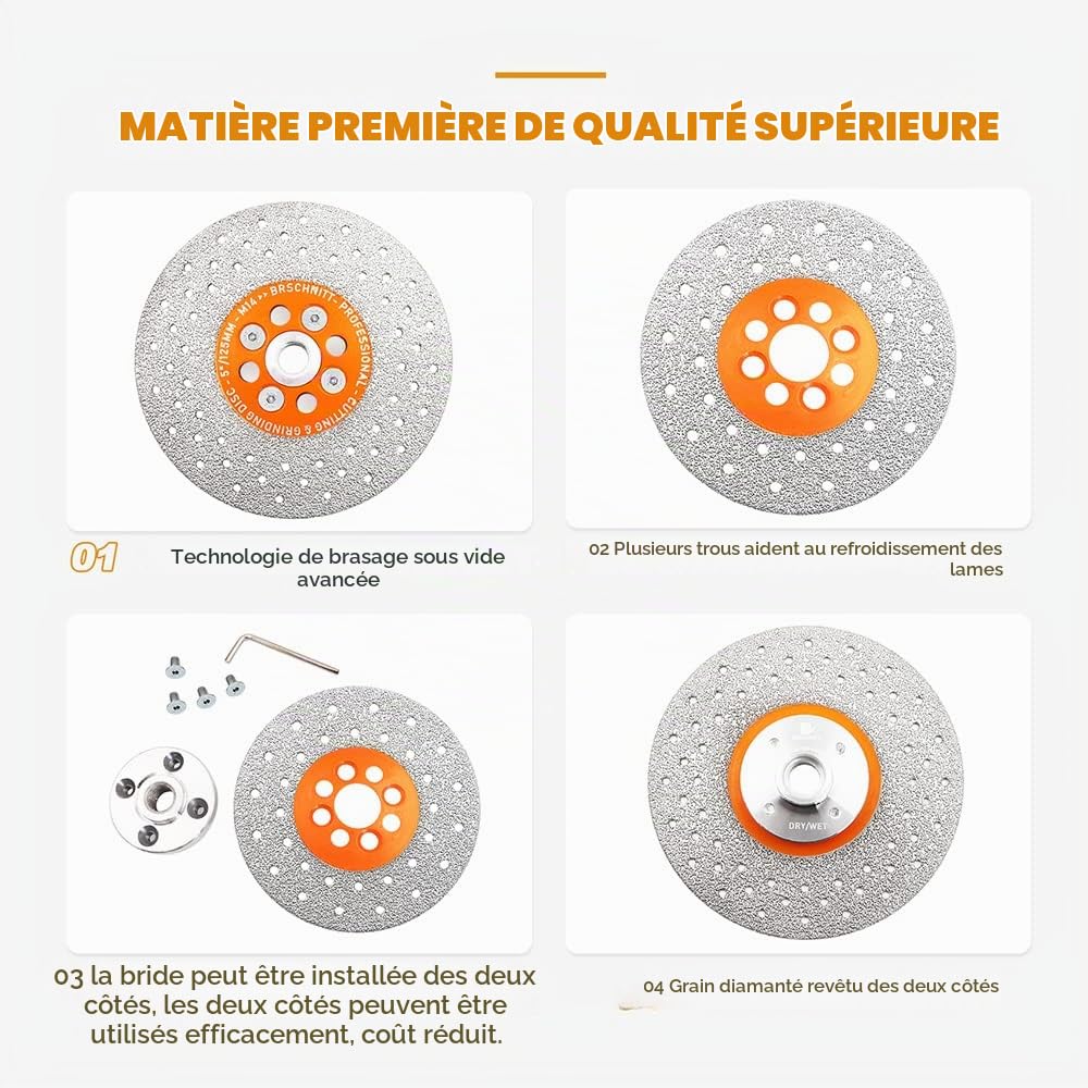 Disque Diamant 125mm BRSCHNITT Lame de Meulage de Coupe de Diamant pour Coupe et Meulage Pierre Granit Marbre Tuile（Lot de 2）
