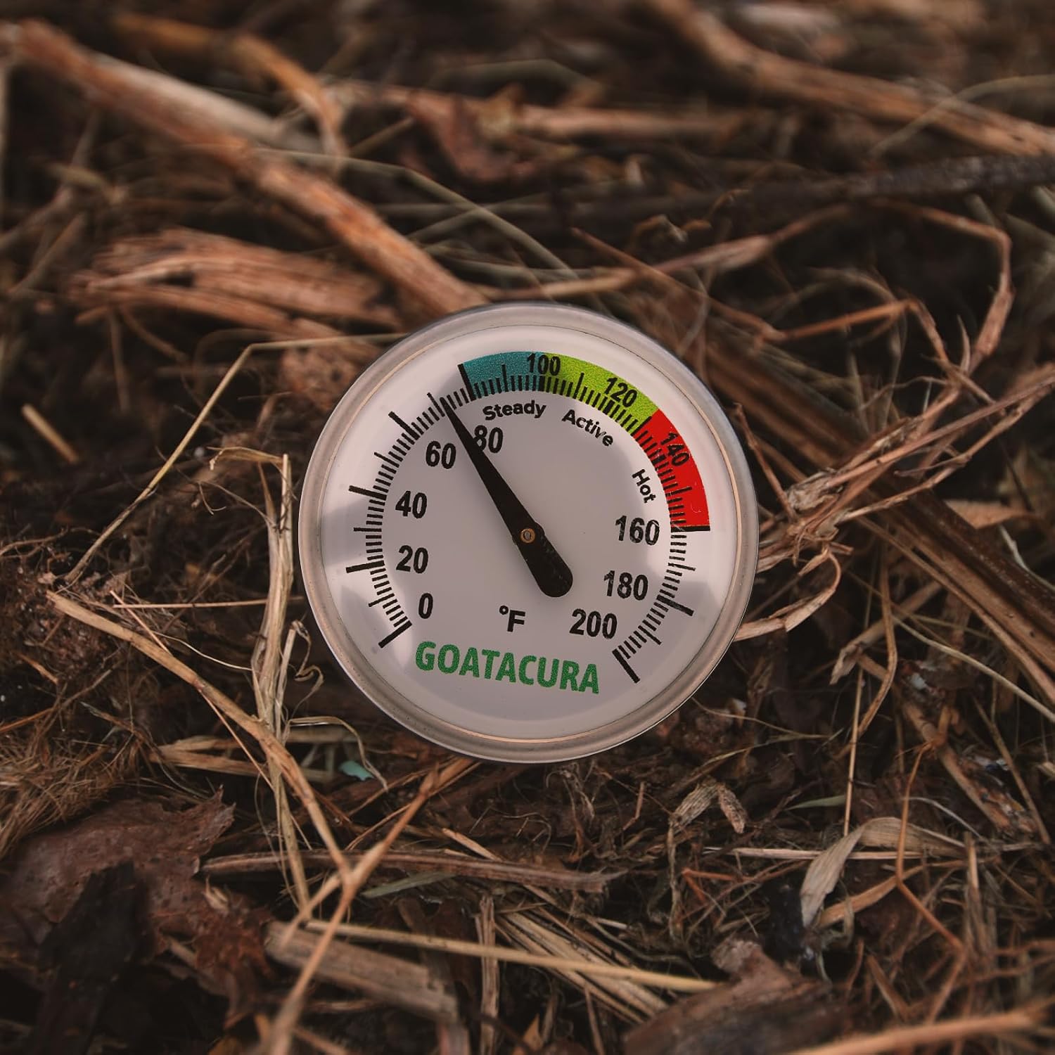 Compost Soil Thermometer, 304 Stainless Steel Case and Probe,1.75" Dial Size, 16" Stem Length, 0-200 Deg F, 3 Temperature Zones