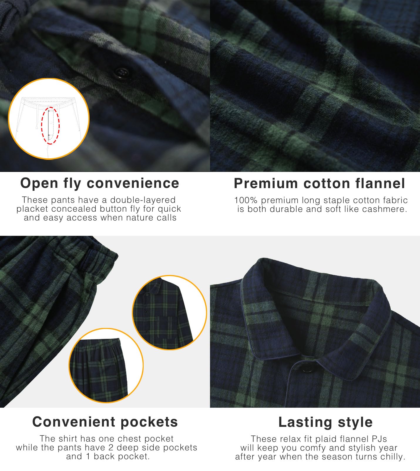 LAPASA 100% Cotone Flanella Completo Pigiama da Uomo a Quadri con Tasche e Coulisse, Set Maglia & Pantaloni M95