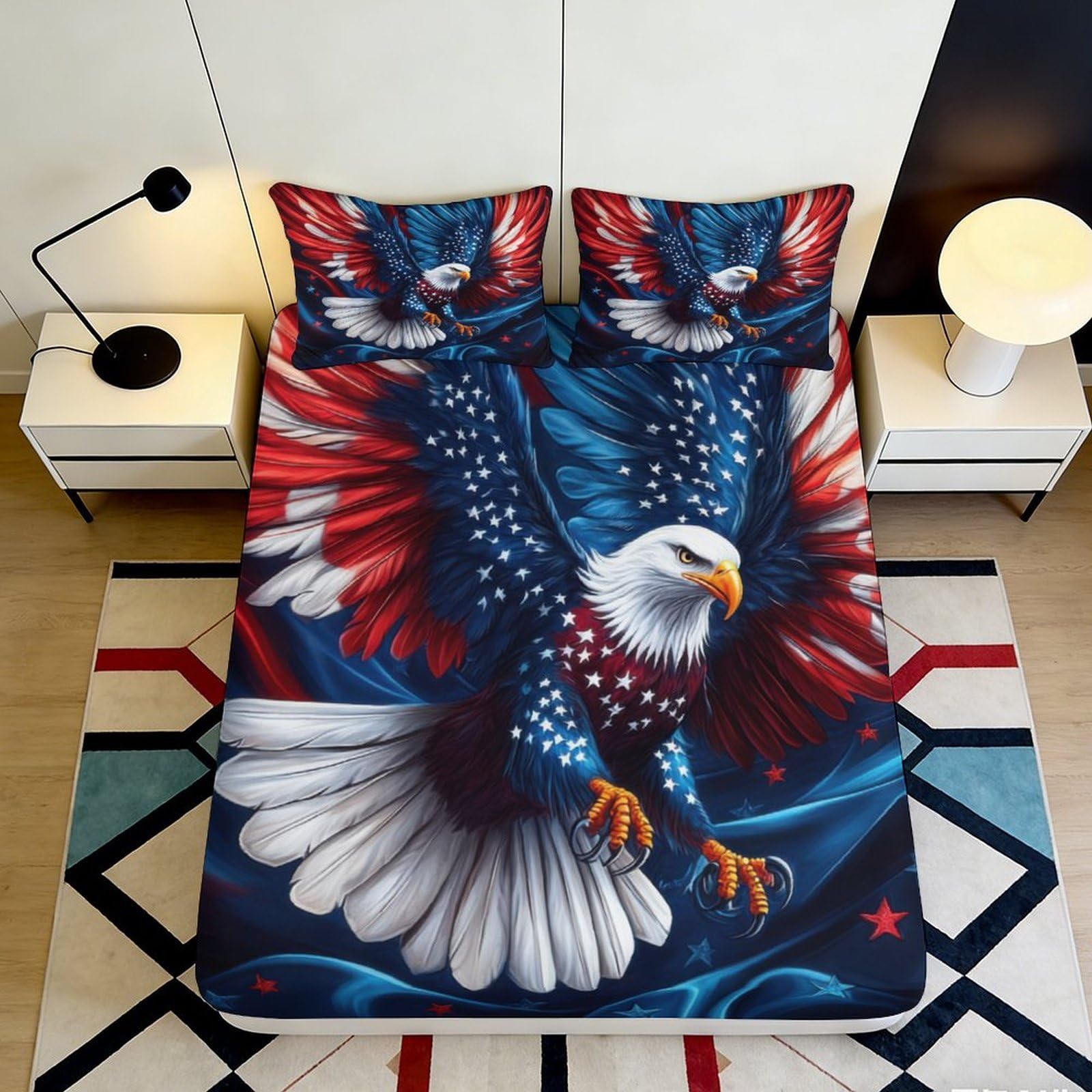 3D Printed American Eagle Fitted Sheet Microfiber Soft Durable Patriotic Bed Cover with Stars for Bedroom Dormitory Guest Room Protection 140x200x25cm