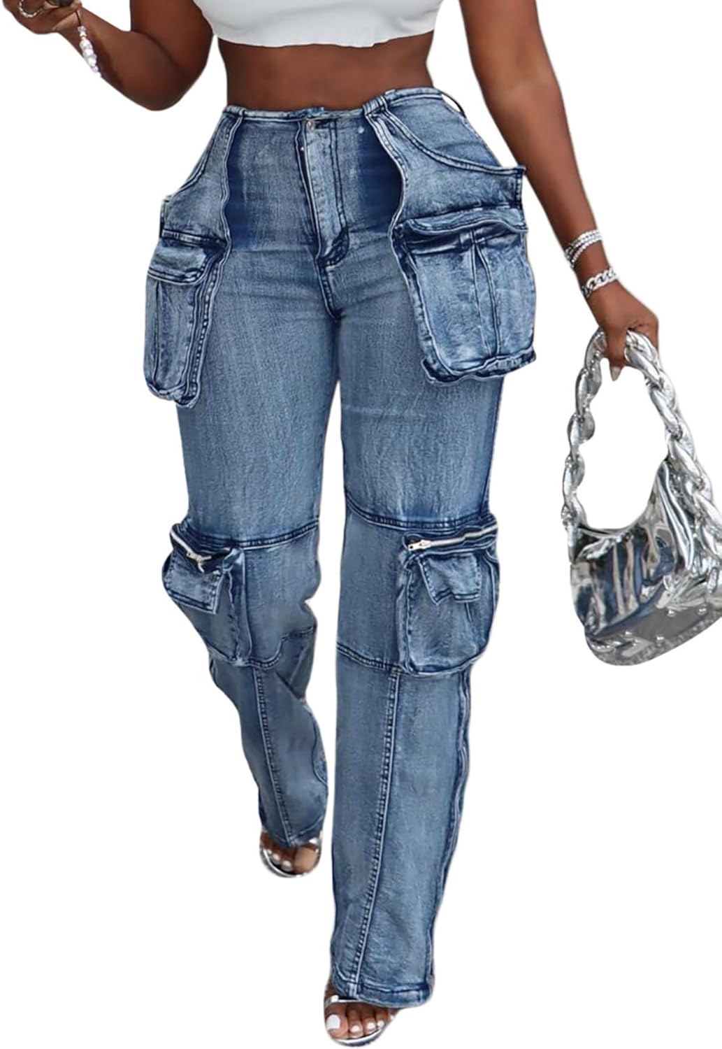 Vaceky Stretch Cargo Jeans Women Straight Leg Side Zipper Slit Denim Y2K Pants with Pockets