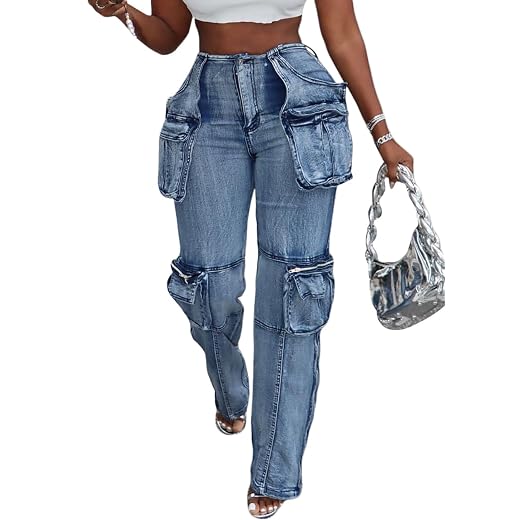 Vaceky Stretch Cargo Jeans Women Straight Leg Side Zipper Slit Denim Y2K Pants with Pockets