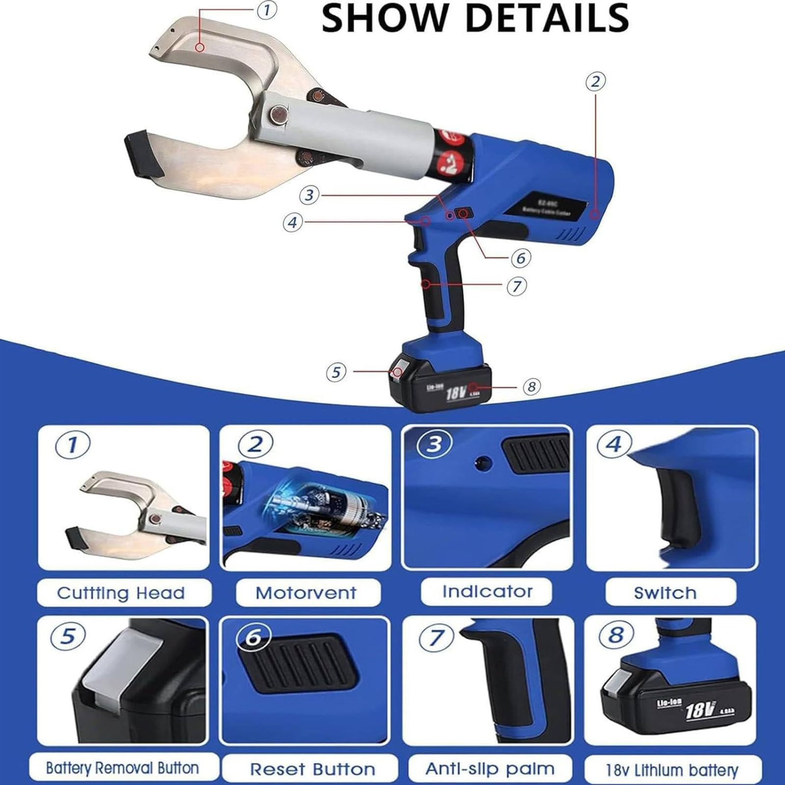 Coupe-câble hydraulique avec affichage LED, alimenté par batterie, cliquet électrique 18 V pour couper des câbles blindés