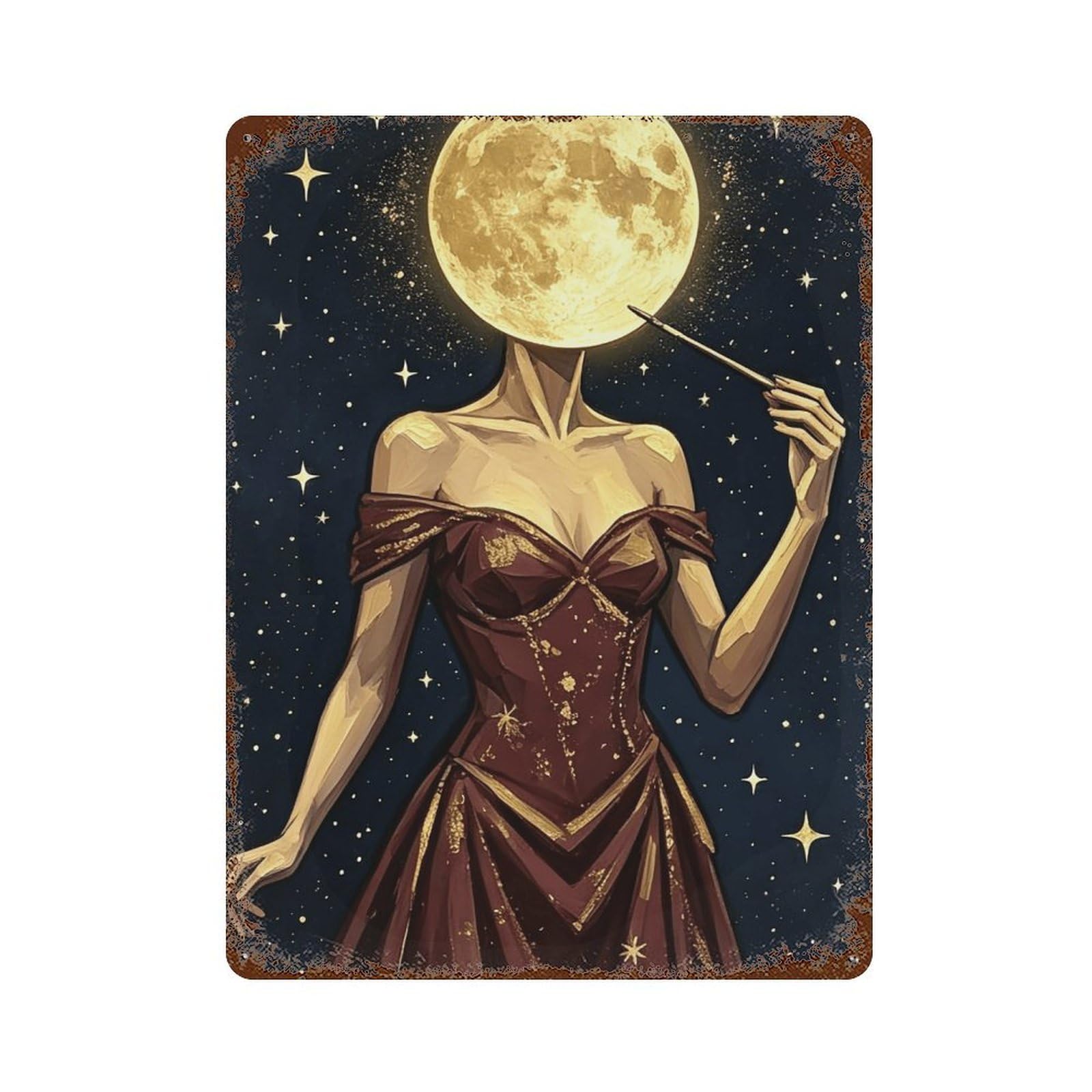 WUJHGRSG Surreal Golden Moon Lady (2) Wall Art Retro Iron Vintage Metal Tin Sign Poster Modern Decor for Home Cofffee Club Bar Shop Style 40x30cm