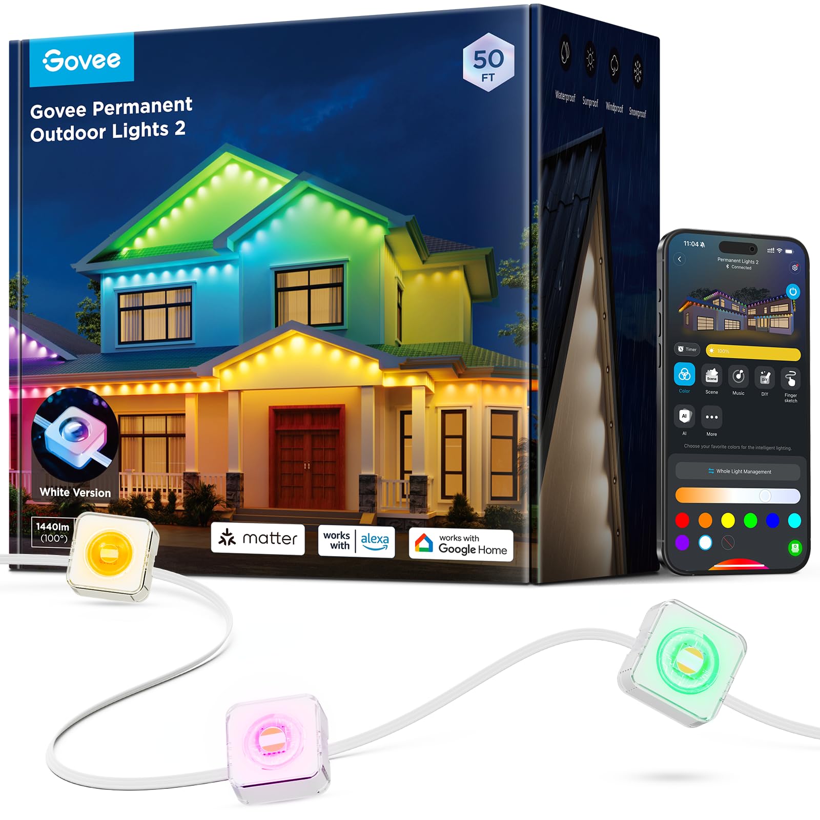 Govee Permanent Outdoor Lights 2, 50ft RGBIC Outdoor Lights with 100 Modes