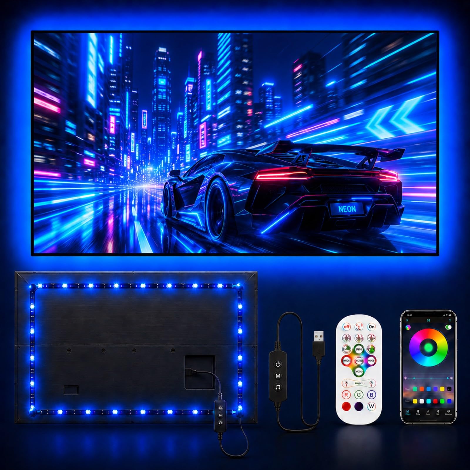 MORIACC LED Lights for TV 3m, TV LED Backlight for 32-43 Inch TV, RGB LED Strip Lights with Music Sync, APP & Remote Control, USB Powered Strip Lights for Bedroom Gaming Home Decor