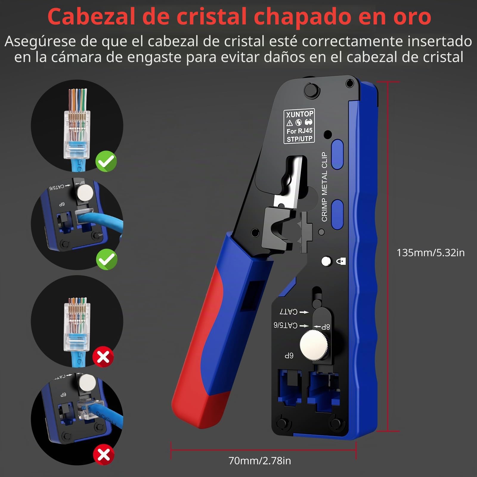 XUNTOP Crimpadora RJ45 Herramienta de Crimpado para Cat5 Cat6 Cat6a Cat7 Ethernet con Comprobador de Cables Kit 100 Piezas