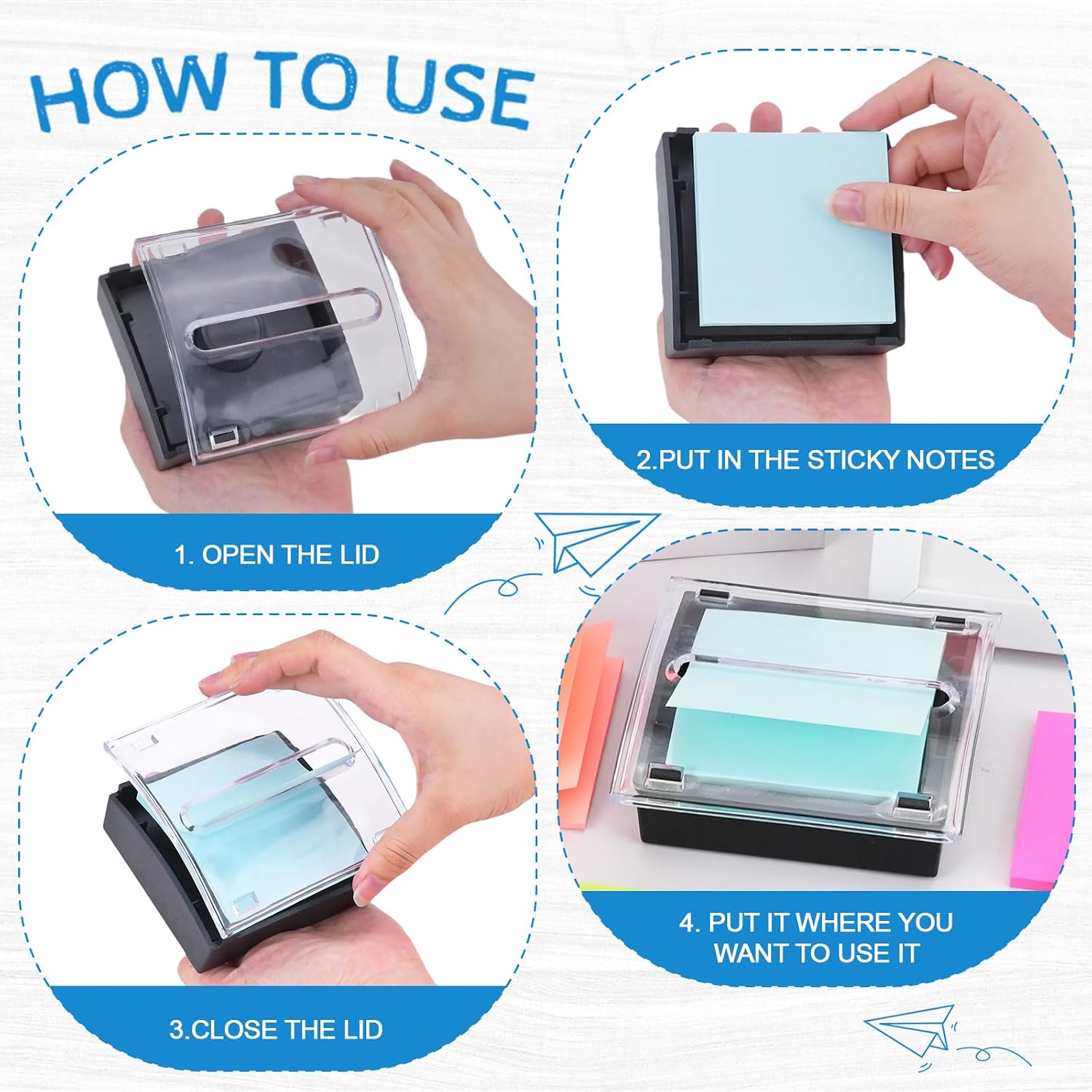 10 Pack Pop up Notes Dispenser Sticky Note Set, Black Base Clear Top Sticky Note Holder with 8 Pad Colored Memo Self Stick Notes 3x3 Refills for Home Office Desk Supplies, 50 Sheet/Pad image 4