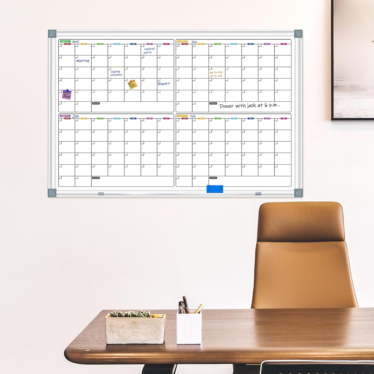 Calendar Whiteboard for Wall 36" x 24", 4 Month Magnetic Calendar Dry Erase Board, Planning Board Bulletin Board Portable Board for Office, School, Home Organization