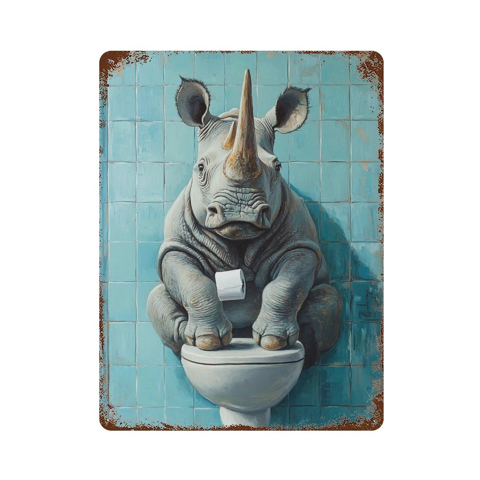 Rhino on Toilet Humor Rust Effect Tin Sign 15.7"x11.8", Industrial Home Decor for Basement, Hobby Room And Garage Decor