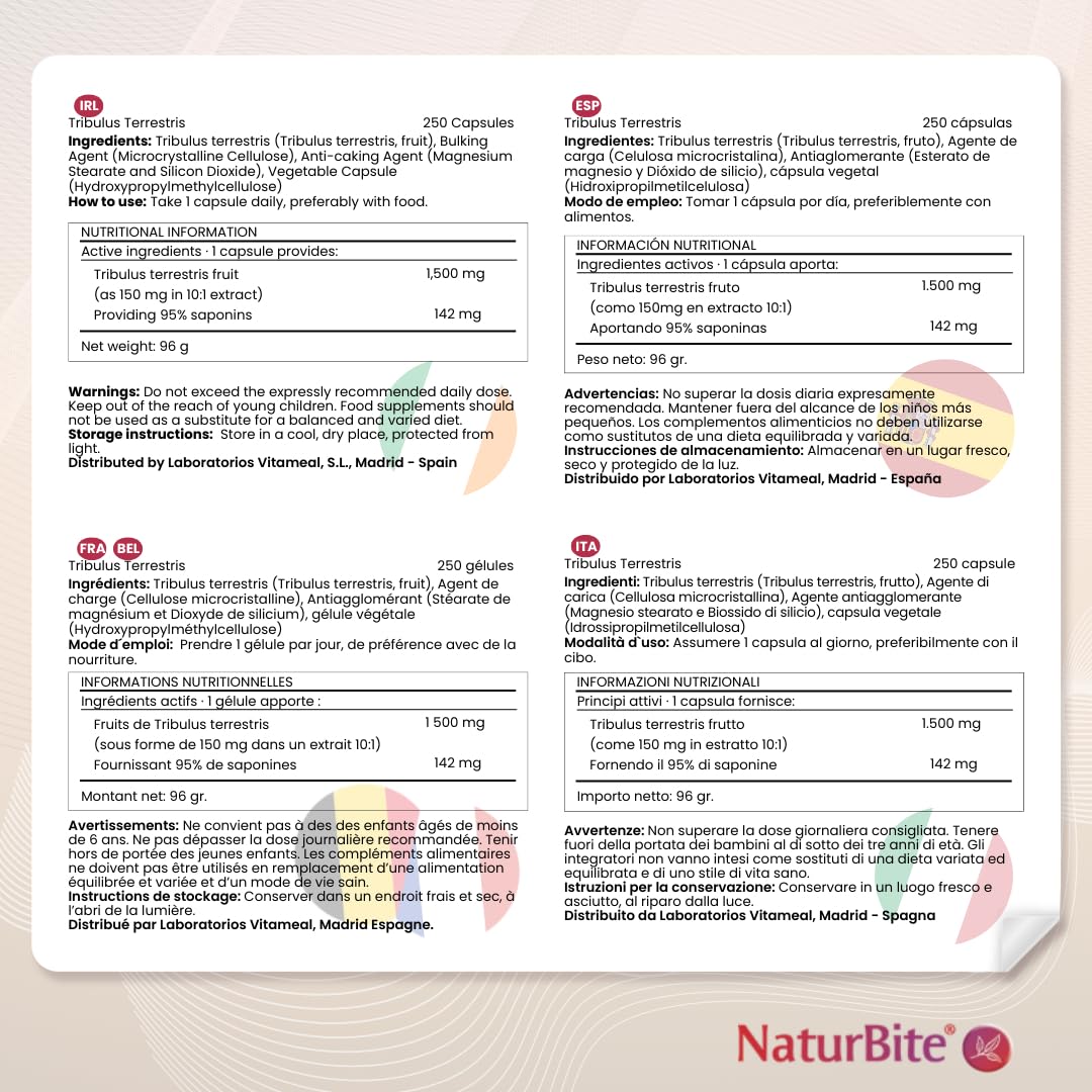 Tribulus Terrestris 1500mg en cada Cápsula 95% Saponinas 250 Cápsulas, NaturBite. Salud Masculina y Cardiovascular. Optimiza las funciones masculinas y la energía, ayudando a la recuperación muscular