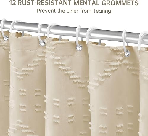 Miniatura 7 de Cortina de Ducha Boho Farmhouse de Tela Tejida CremaBeige, 72 x 72 pulgadas, con Textura Chevrón Mechada a Rayas, Cortinas de Ducha de Tela Modernas