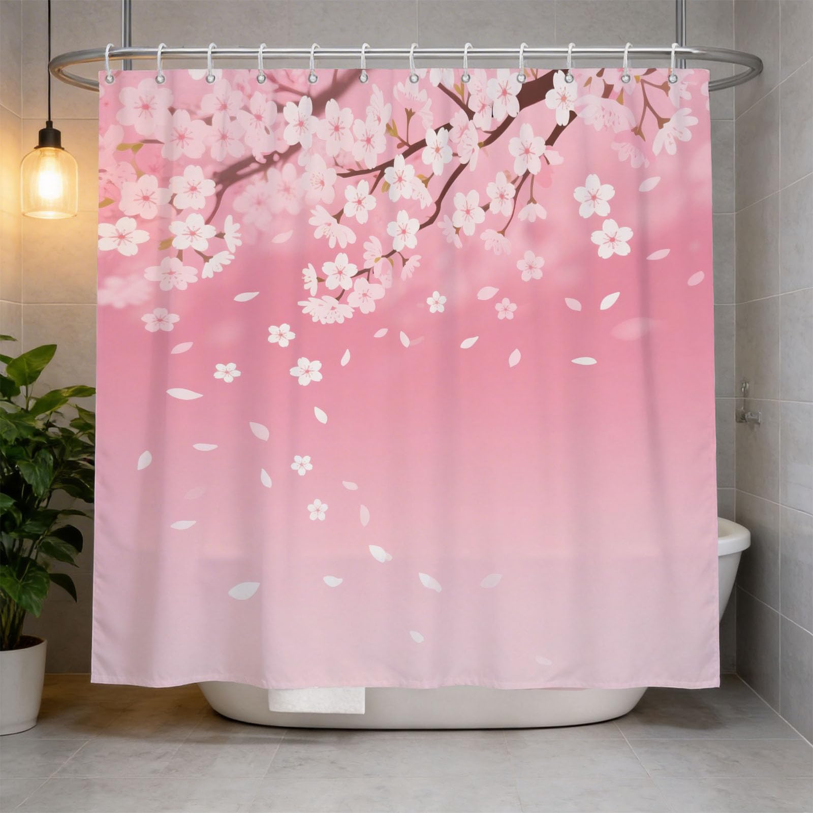 Hongduo White 3D Cherry Blossom Shower Curtain For Stalls Bathtubs Pink Bathroom Decor Shower Curtain Set Polyester Fabric Waterproof 200X200cm/79X79 Inch With Hooks