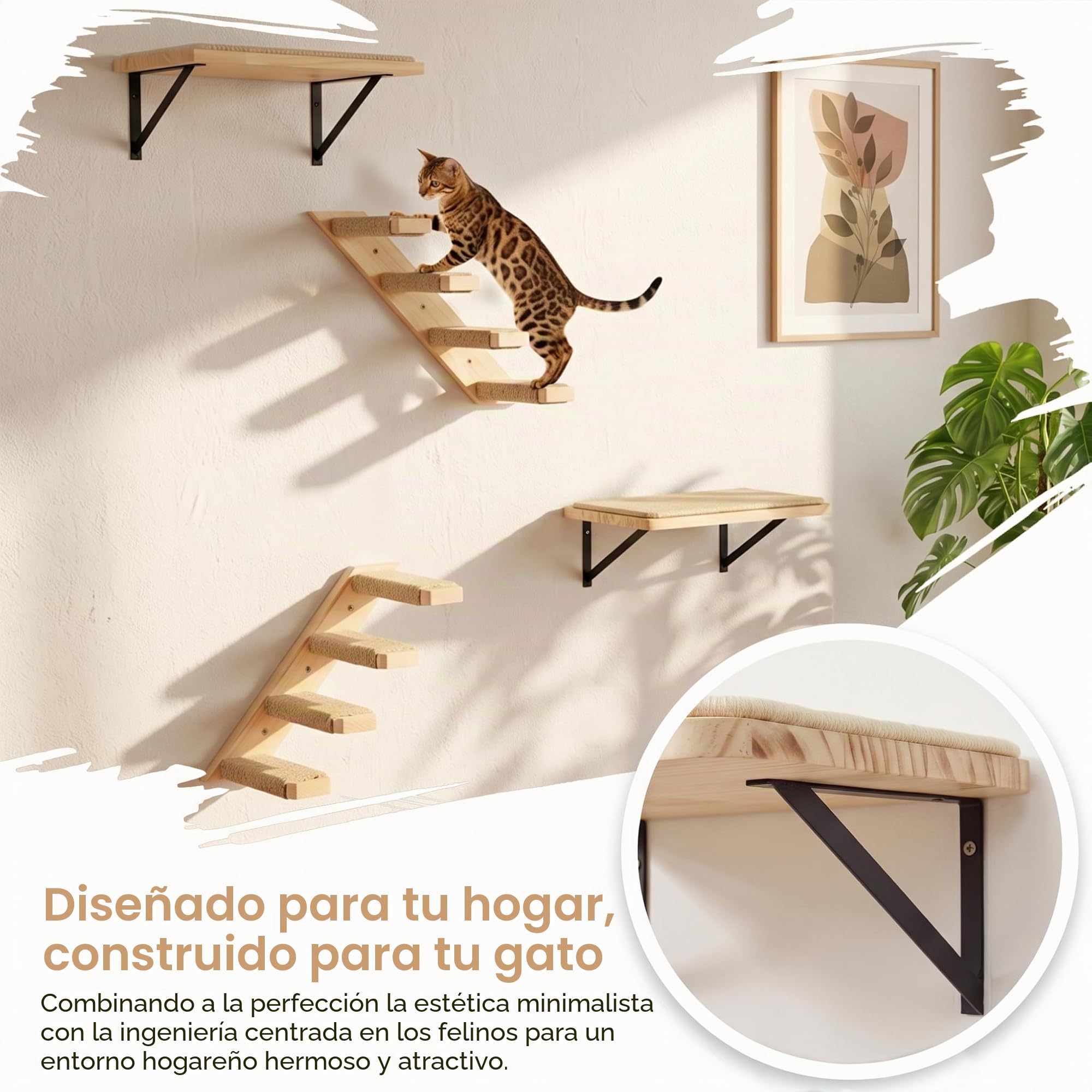 Escalera de pared para gatos, conjunto de 4 con 2 escalones de escalada y 2 plataformas para dormir, conjunto de muebles de pared para gatos de madera de pino montado en la pared para