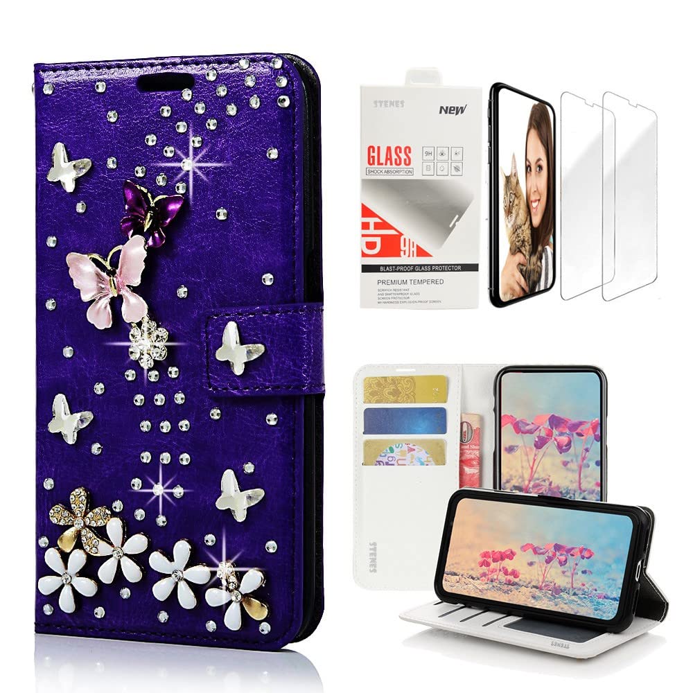 STENES Bling Wallet Case Compatible with LG K30 - Stylish - 3D Handmade S-Link Butterfly Floral Design Leather Case with Wrist Strap & Screen Protector [2 Pack] - Purple