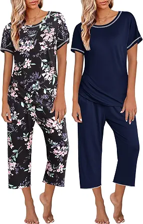 Ekouaer 2 Pack Women's Pajama Sets Short Sleeve Tops and Capri Pants